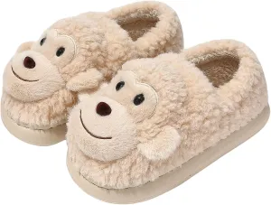 JadeRich Women Men Cartoon Monkey Slippers Soft Fleece Warm Non-Slip Heel Covering Cushioned House Shoes Indoor Outdoor