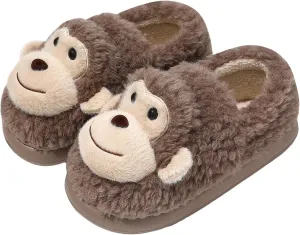 JadeRich Women Men Cartoon Monkey Slippers Soft Fleece Warm Non-Slip Heel Covering Cushioned House Shoes Indoor Outdoor