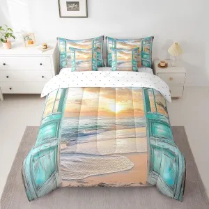 jejeloiu Beach Theme 7 Piece Bedding Set Ocean Wave Comforter Set with Sheets for Kids Boys Girls Teens Room Decor Nature Scene Bed in a Bag Queen Size Breathable Soft Lightweight Microfiber