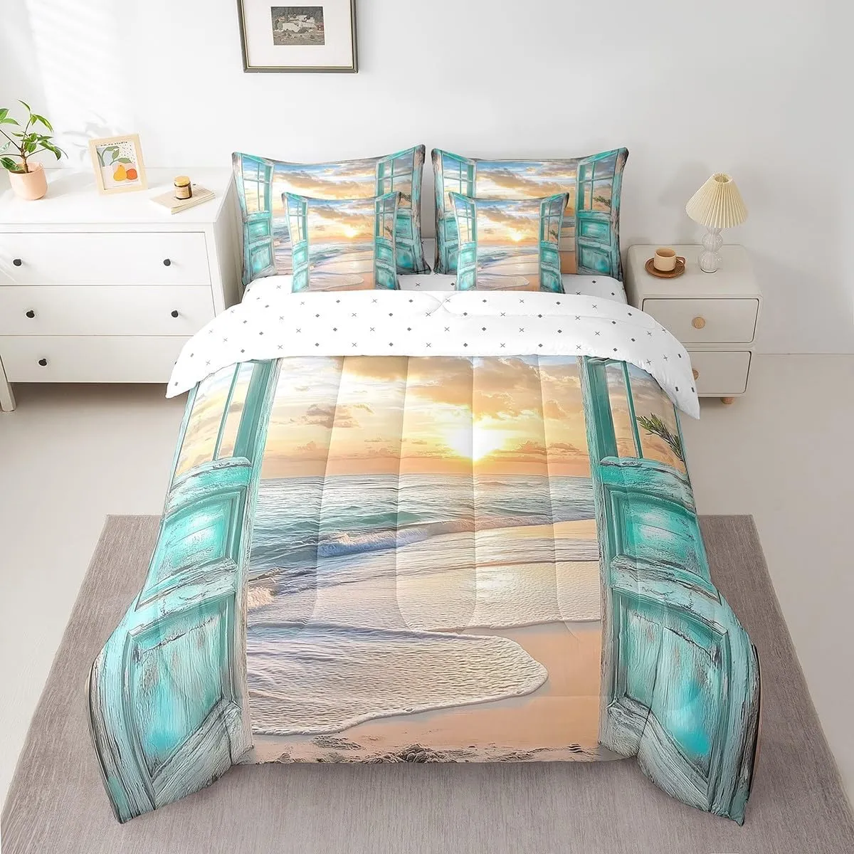 jejeloiu Beach Theme 7 Piece Bedding Set Ocean Wave Comforter Set with Sheets for Kids Boys Girls Teens Room Decor Nature Scene Bed in a Bag Queen Size Breathable Soft Lightweight Microfiber
