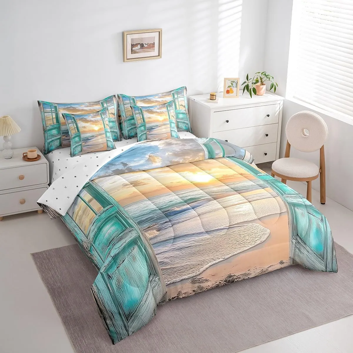 jejeloiu Beach Theme 7 Piece Bedding Set Ocean Wave Comforter Set with Sheets for Kids Boys Girls Teens Room Decor Nature Scene Bed in a Bag Queen Size Breathable Soft Lightweight Microfiber