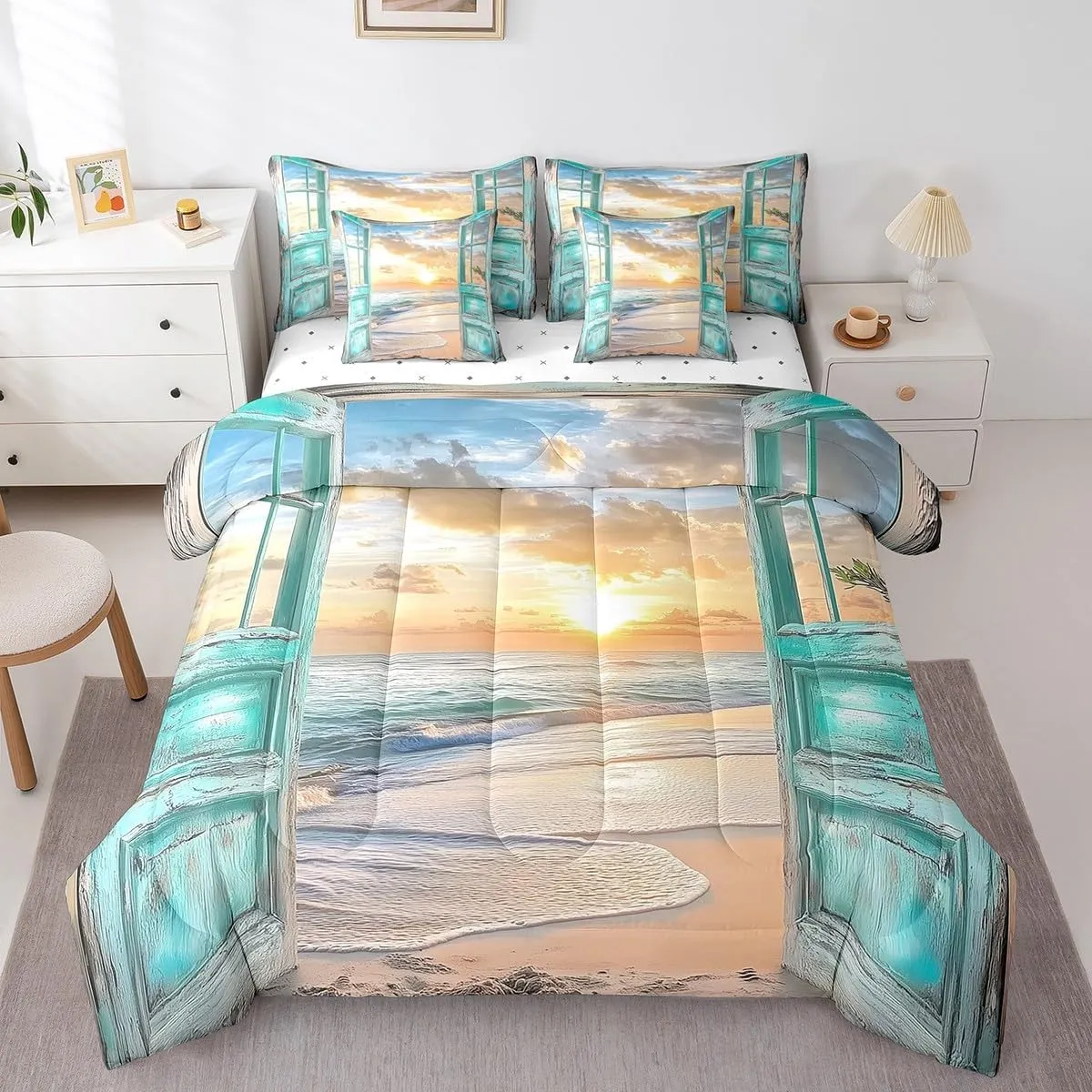 jejeloiu Beach Theme 7 Piece Bedding Set Ocean Wave Comforter Set with Sheets for Kids Boys Girls Teens Room Decor Nature Scene Bed in a Bag Queen Size Breathable Soft Lightweight Microfiber