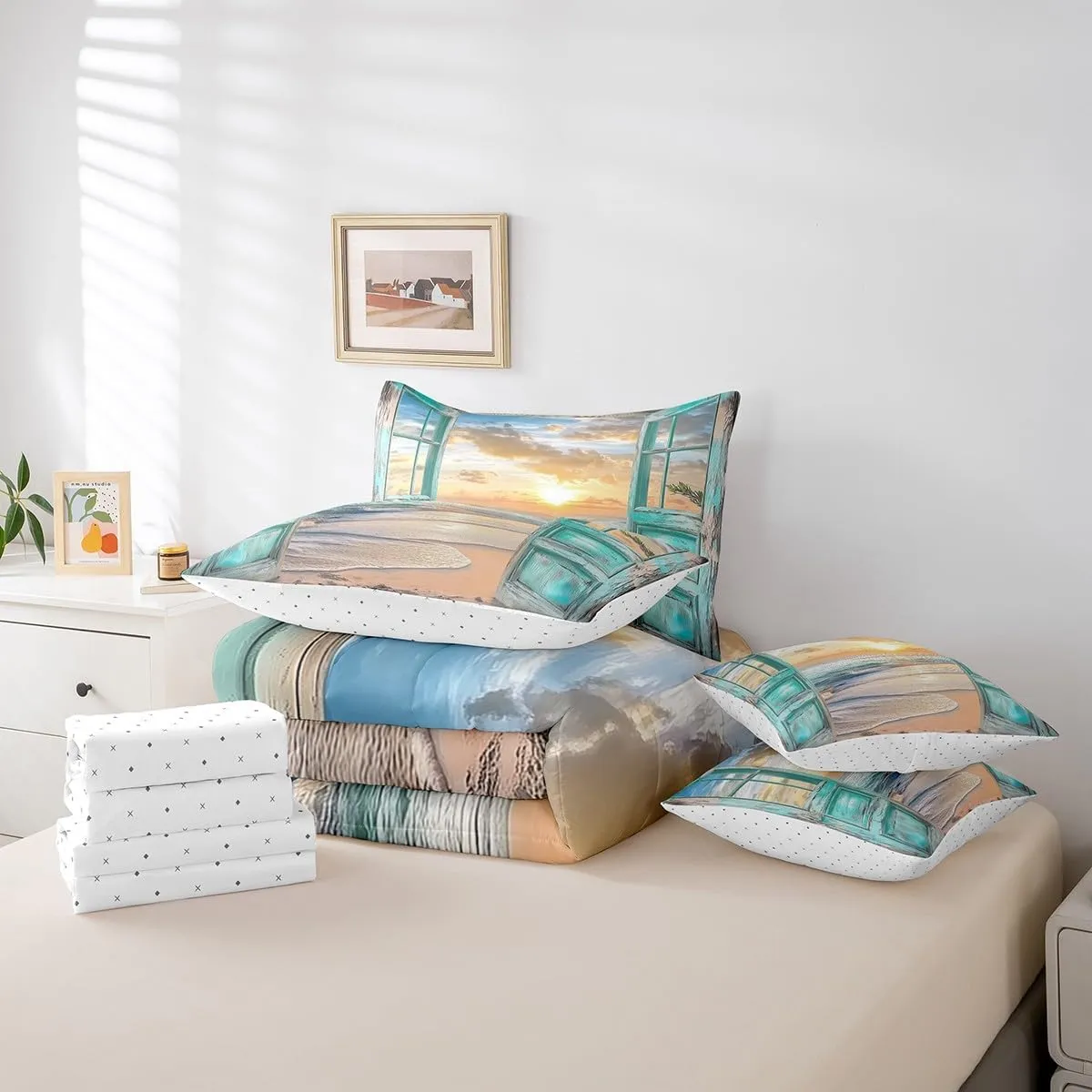 jejeloiu Beach Theme 7 Piece Bedding Set Ocean Wave Comforter Set with Sheets for Kids Boys Girls Teens Room Decor Nature Scene Bed in a Bag Queen Size Breathable Soft Lightweight Microfiber