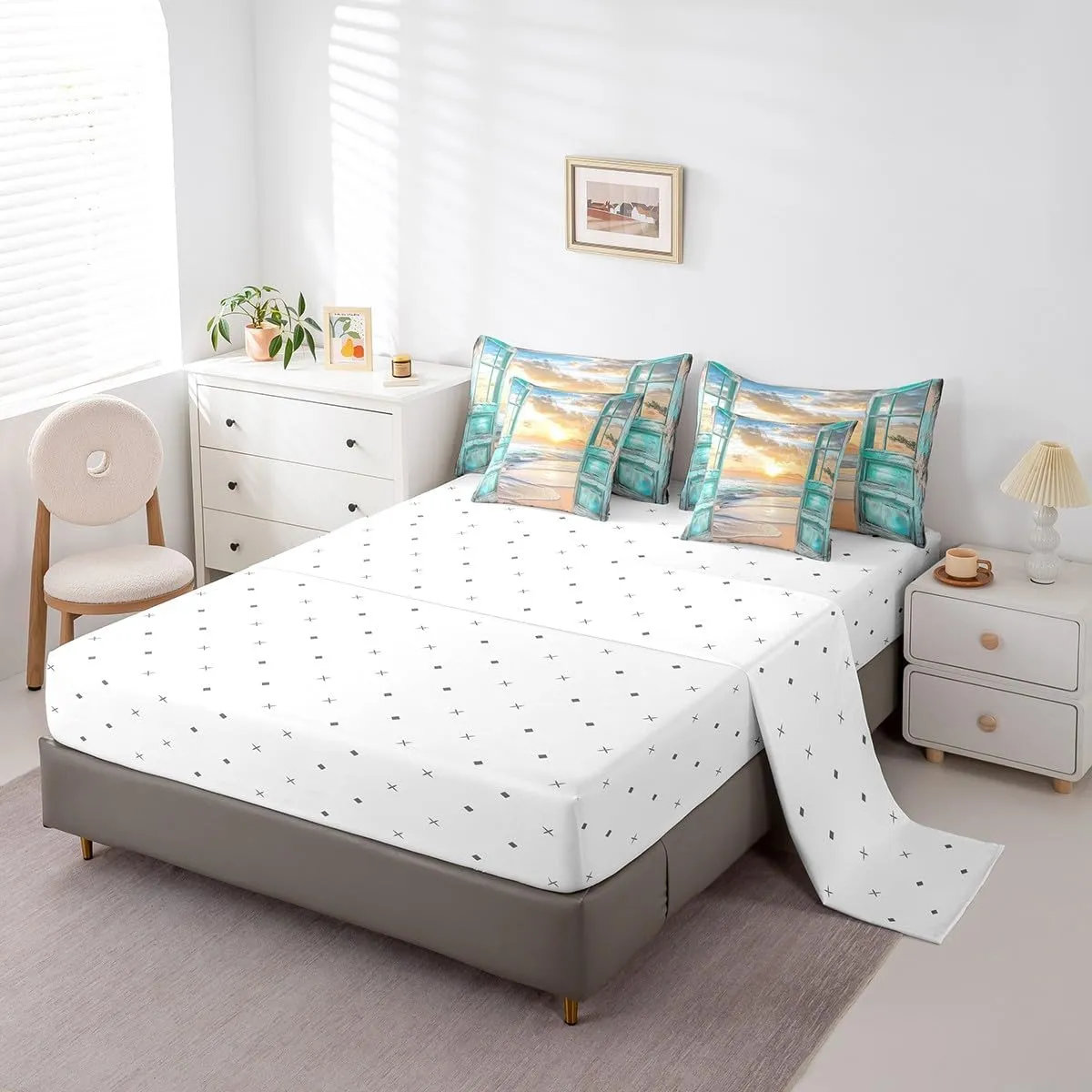 jejeloiu Beach Theme 7 Piece Bedding Set Ocean Wave Comforter Set with Sheets for Kids Boys Girls Teens Room Decor Nature Scene Bed in a Bag Queen Size Breathable Soft Lightweight Microfiber