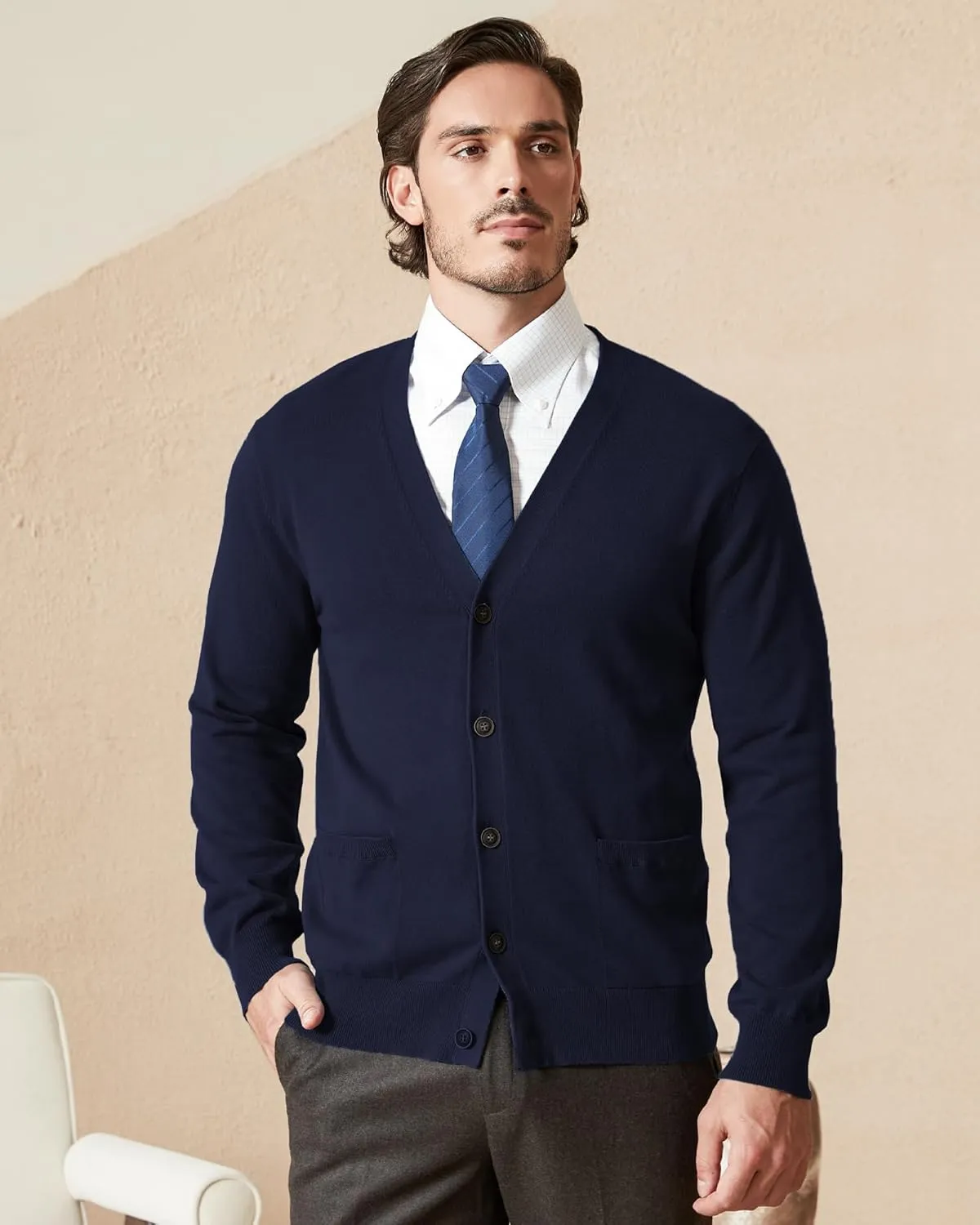 Kallspin Men’s Pure Cotton Cardigan Sweater V-Neck Button Down Cardigan Lightweight Knitwear with Pockets