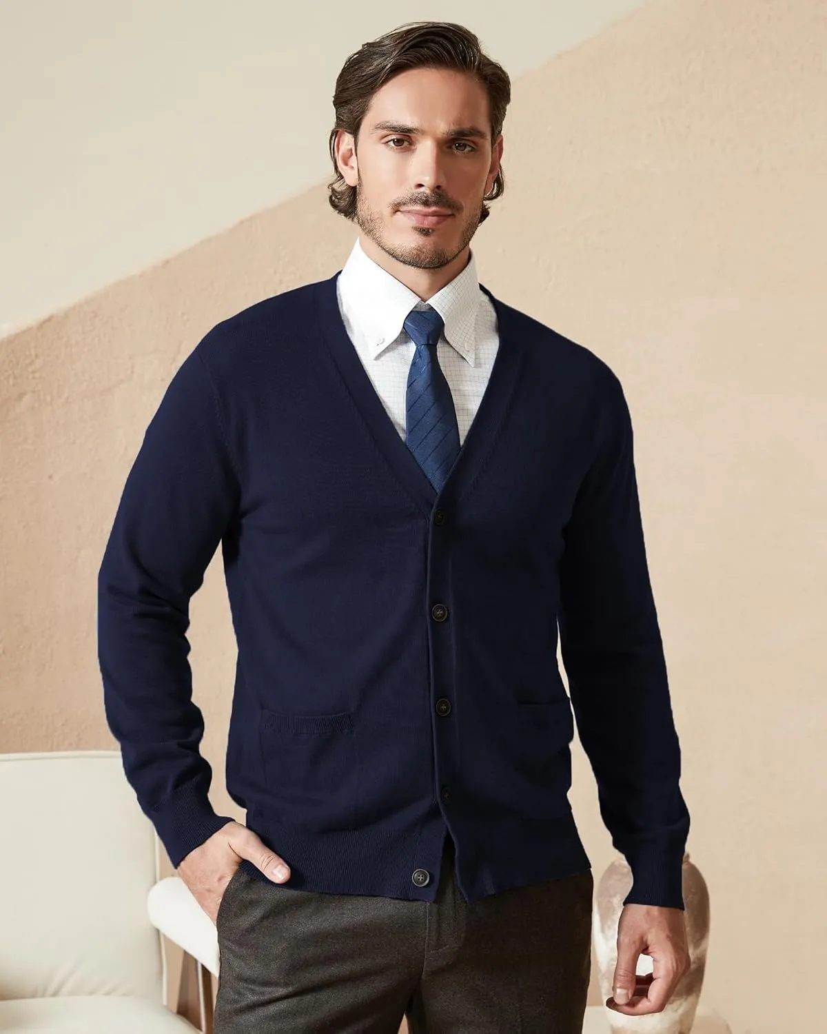 Kallspin Men’s Pure Cotton Cardigan Sweater V-Neck Button Down Cardigan Lightweight Knitwear with Pockets