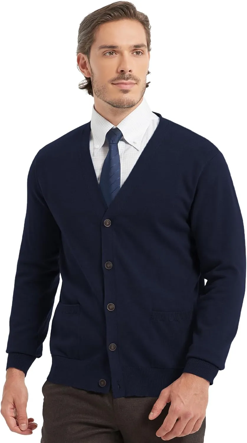 Kallspin Men’s Pure Cotton Cardigan Sweater V-Neck Button Down Cardigan Lightweight Knitwear with Pockets