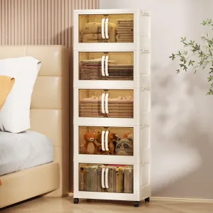 Karramlili 5-Tier Collapsible Storage Bins with 360° Wheels – 28QT Foldable Organizer Cabinet for Closet, Living Room, Office, Garage, 17.7"x10.2"x47.6", Space-Saving, No-Tools Assembly