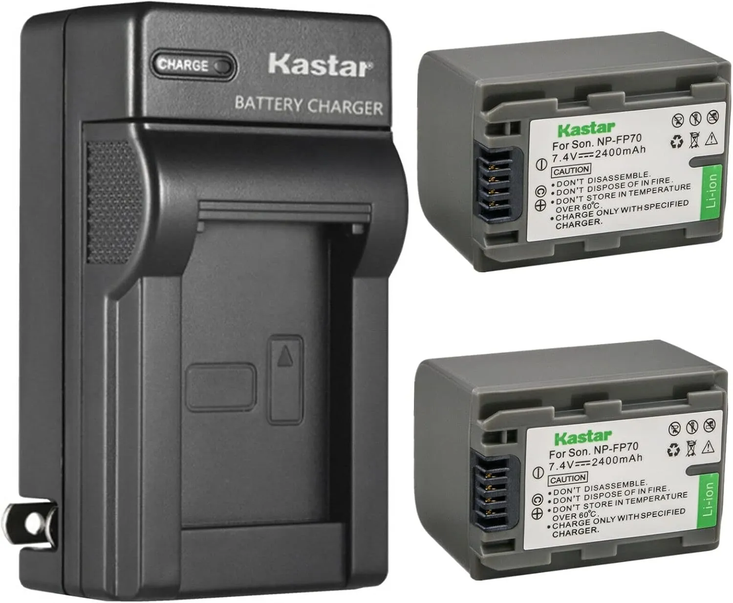 Kastar 2-Pack NP-FP70 / FP71 Battery and AC Wall Charger Replacement for Sony NP-FP50 NP-FP51, NP-FP60, NP-FP70 NP-FP71, NP-FP90 NP-FP91 Battery, Sony BC-TRP/TRH/TRV, BC-VH1, AC-VQH10 Charger