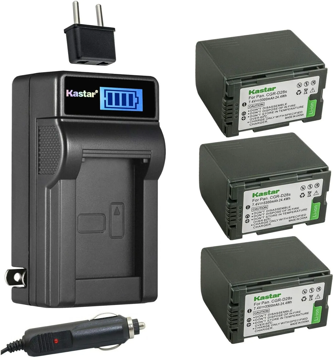 Kastar 3-Pack CGR-D28 Battery and LCD AC Charger Compatible with Panasonic NV-DS3, NV-DS7, NV-DS8, NV-DS9, NV-DS11, NV-DS11EN, NV-DS11ENA, NV-DS11ENC, NV-DS12, NV-DS12B, NV-DS15, NV-DS20, NV-DS25