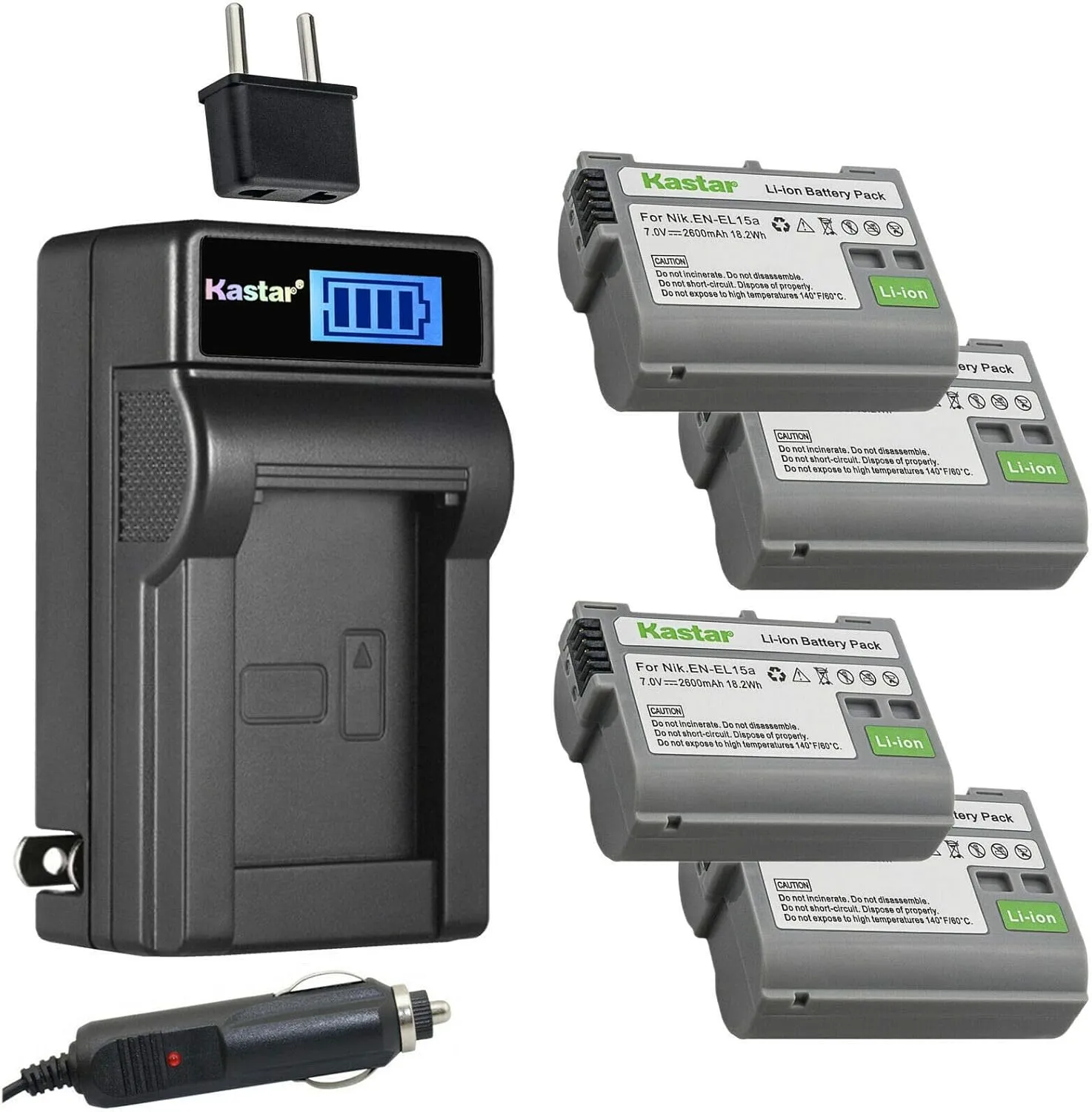 Kastar 4-Pack EN-EL15a Battery and LCD AC Charger Compatible with Nikon EN-EL15 EN-EL15a EN-EL15b MH25, Nikon Battery Grip MB-D11, MB-D12, MB-D14, MB-D15, MB-D16, MB-D18