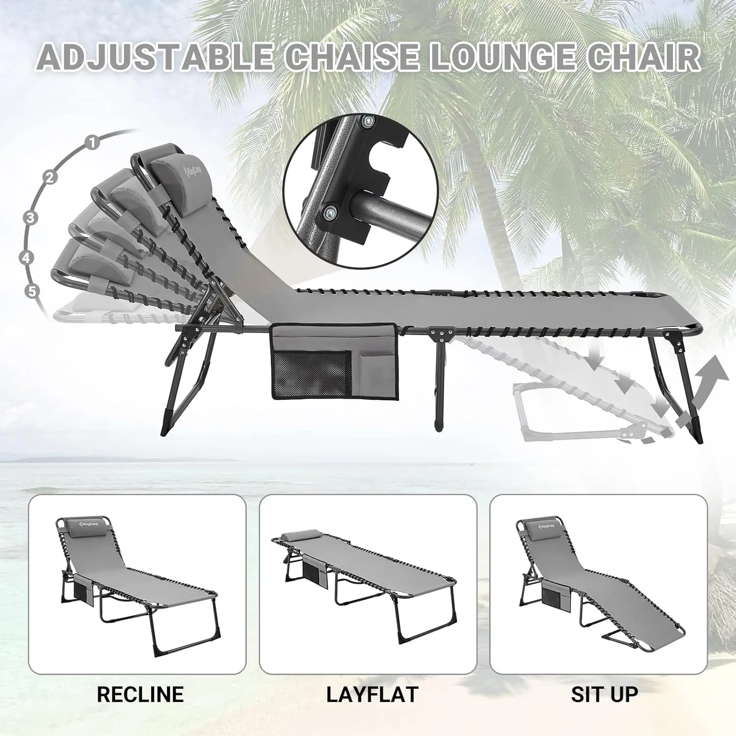 KingCamp Lounge Chair Outdoor, Folding Portable Tanning Chairs Comfy Adjustable 5-Position Lay Flat Foldable Chaise Chaser Lounger with Pillow for Outside Beach Patio Sun Bathing Pool Backyard, Grey