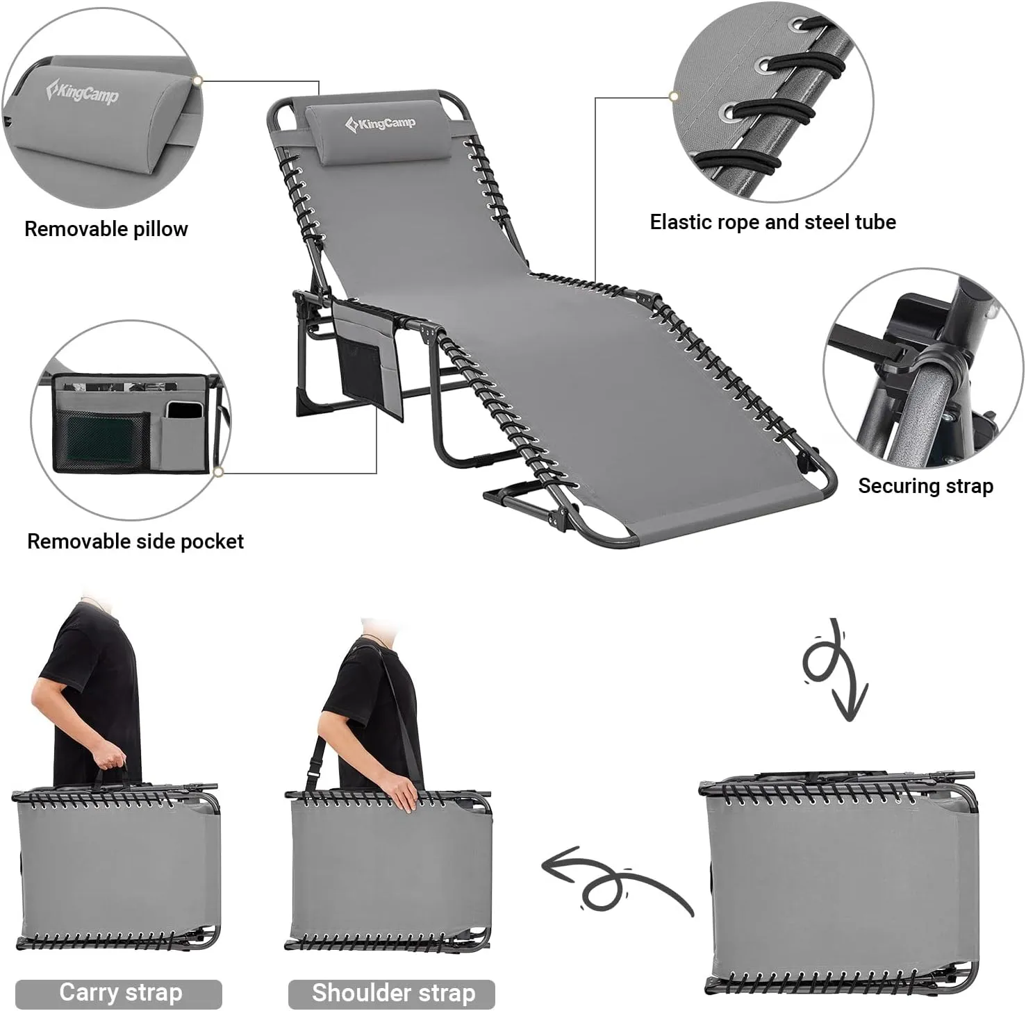KingCamp Lounge Chair Outdoor, Folding Portable Tanning Chairs Comfy Adjustable 5-Position Lay Flat Foldable Chaise Chaser Lounger with Pillow for Outside Beach Patio Sun Bathing Pool Backyard, Grey