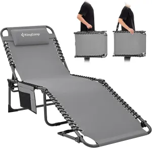KingCamp Lounge Chair Outdoor, Folding Portable Tanning Chairs Comfy Adjustable 5-Position Lay Flat Foldable Chaise Chaser Lounger with Pillow for Outside Beach Patio Sun Bathing Pool Backyard, Grey