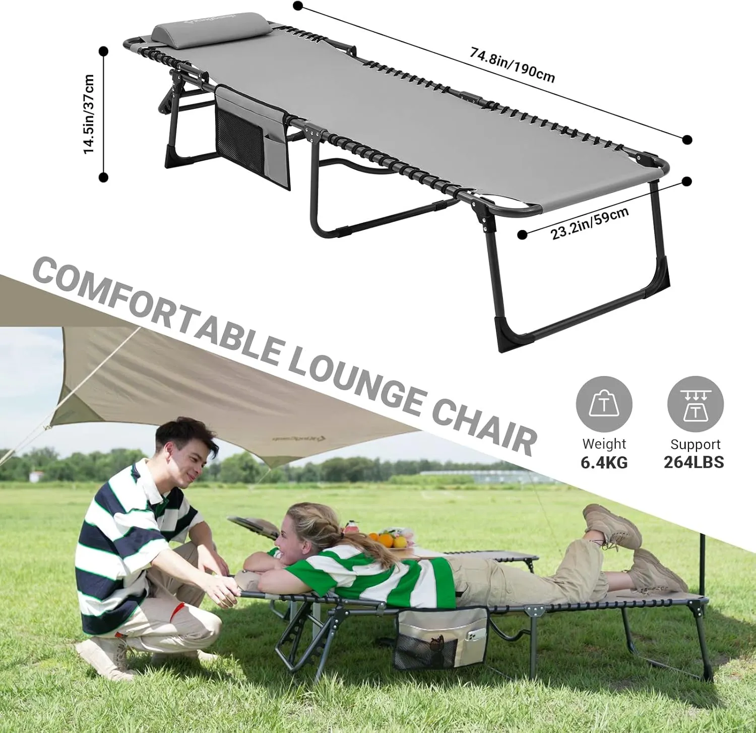 KingCamp Lounge Chair Outdoor, Folding Portable Tanning Chairs Comfy Adjustable 5-Position Lay Flat Foldable Chaise Chaser Lounger with Pillow for Outside Beach Patio Sun Bathing Pool Backyard, Grey