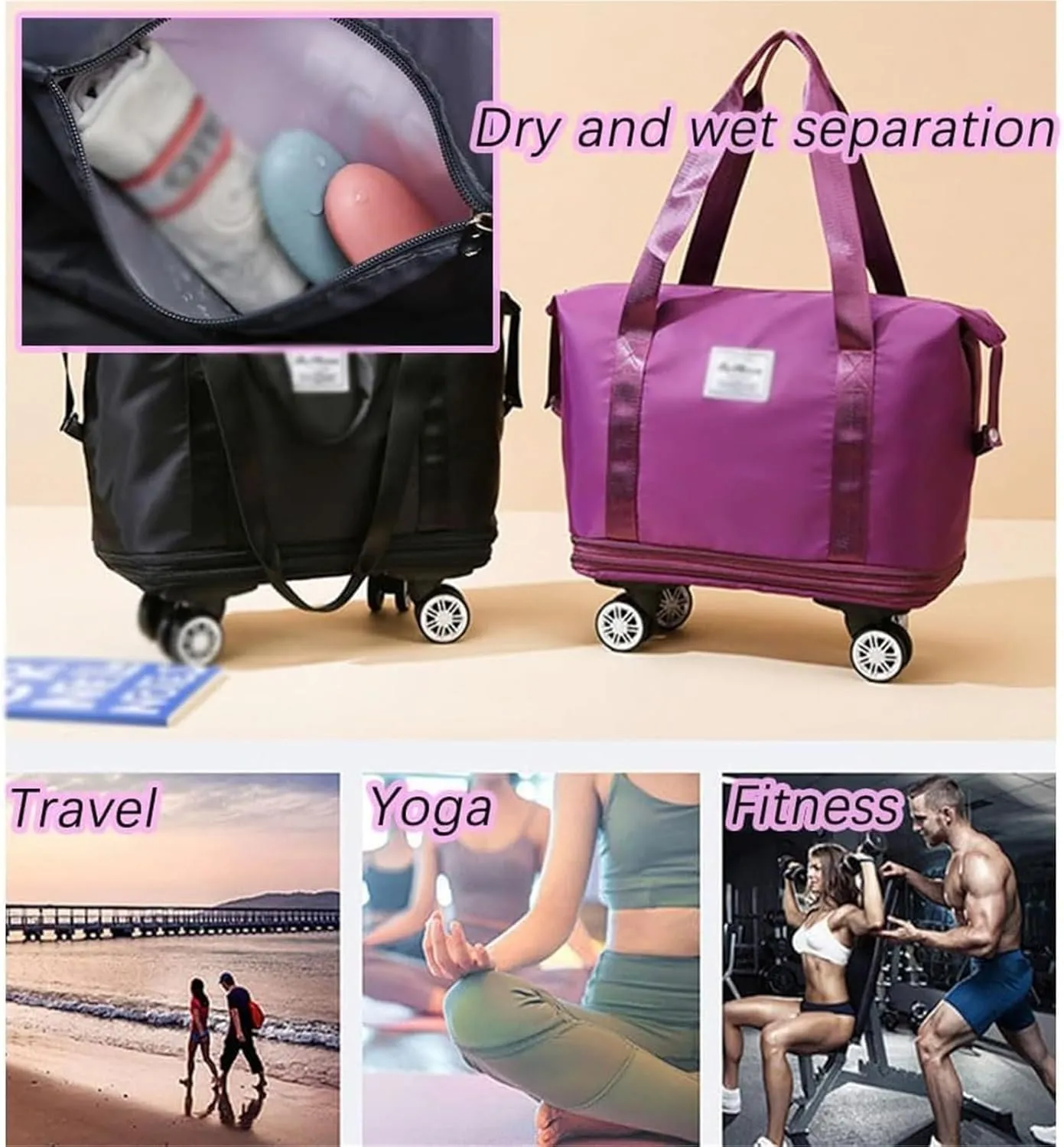 Klarson Expandable Bag with Wheels,Scratch Expandable Travel Duffle Bag with Wheels,Foldable Suitcase Without Handle(Pink)