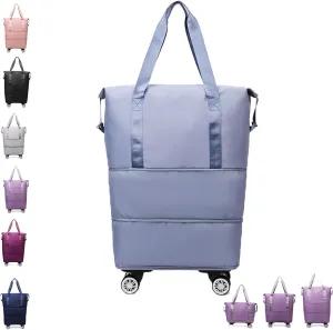 Klarson Expandable Travel Bag with Wheels, Foldable Suitcase Without Handle, Scratch-Resistant, Blue