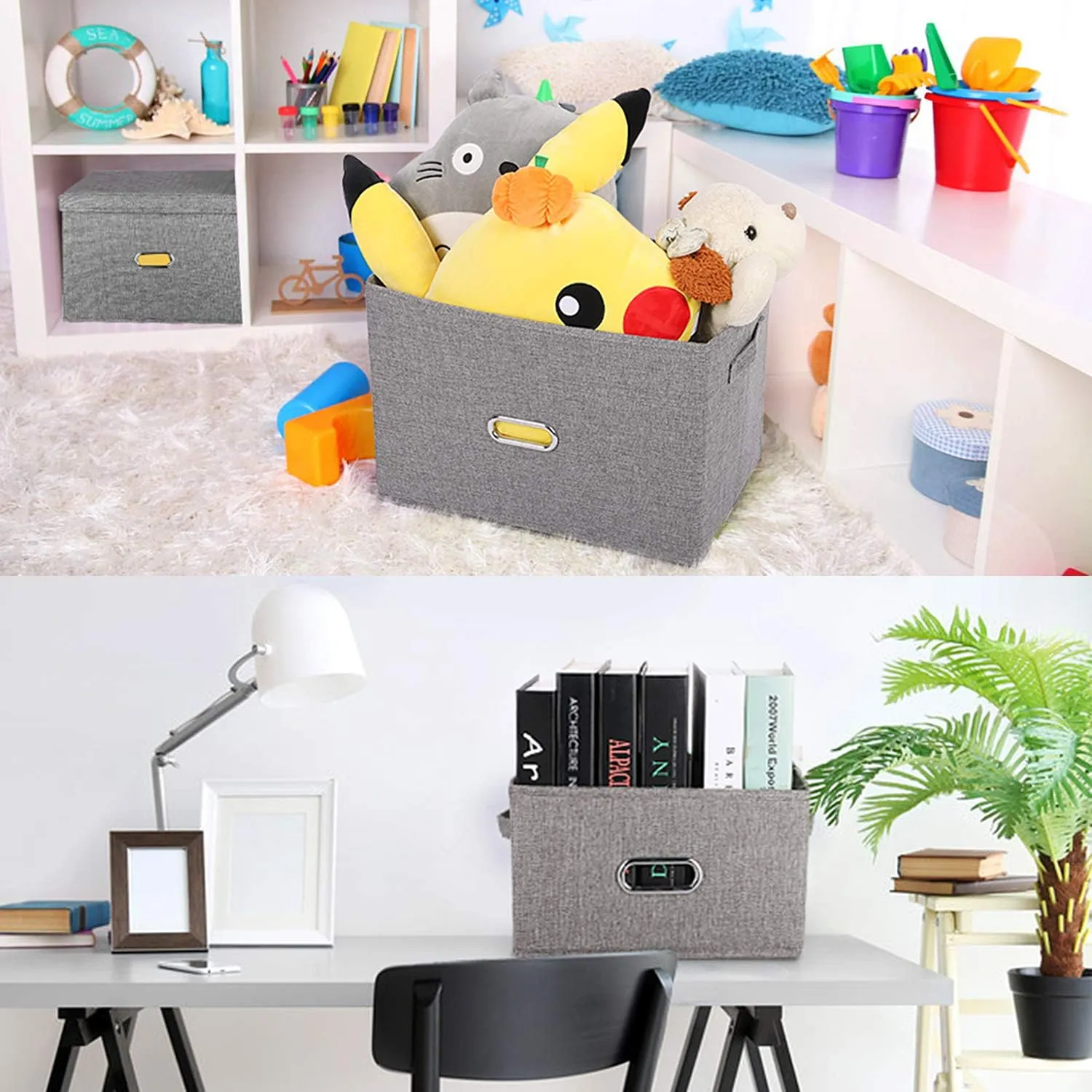 Large Linen Fabric Foldable Storage Bins with Removable Lid and Handles, Washable Storage Box Organizer Containers Baskets Cube with Cover for Bedroom,Closet,Nursery (Grey, Large(2-Pack))