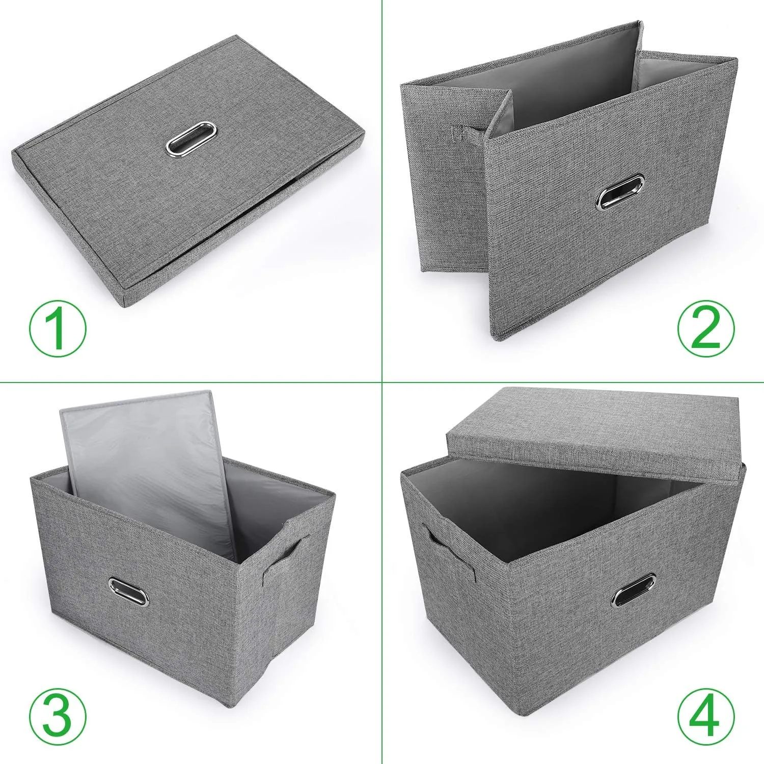 Large Linen Fabric Foldable Storage Bins with Removable Lid and Handles, Washable Storage Box Organizer Containers Baskets Cube with Cover for Bedroom,Closet,Nursery (Grey, Large(2-Pack))