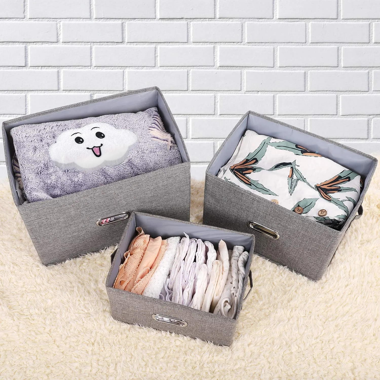 Large Linen Fabric Foldable Storage Bins with Removable Lid and Handles, Washable Storage Box Organizer Containers Baskets Cube with Cover for Bedroom,Closet,Nursery (Grey, Large(2-Pack))