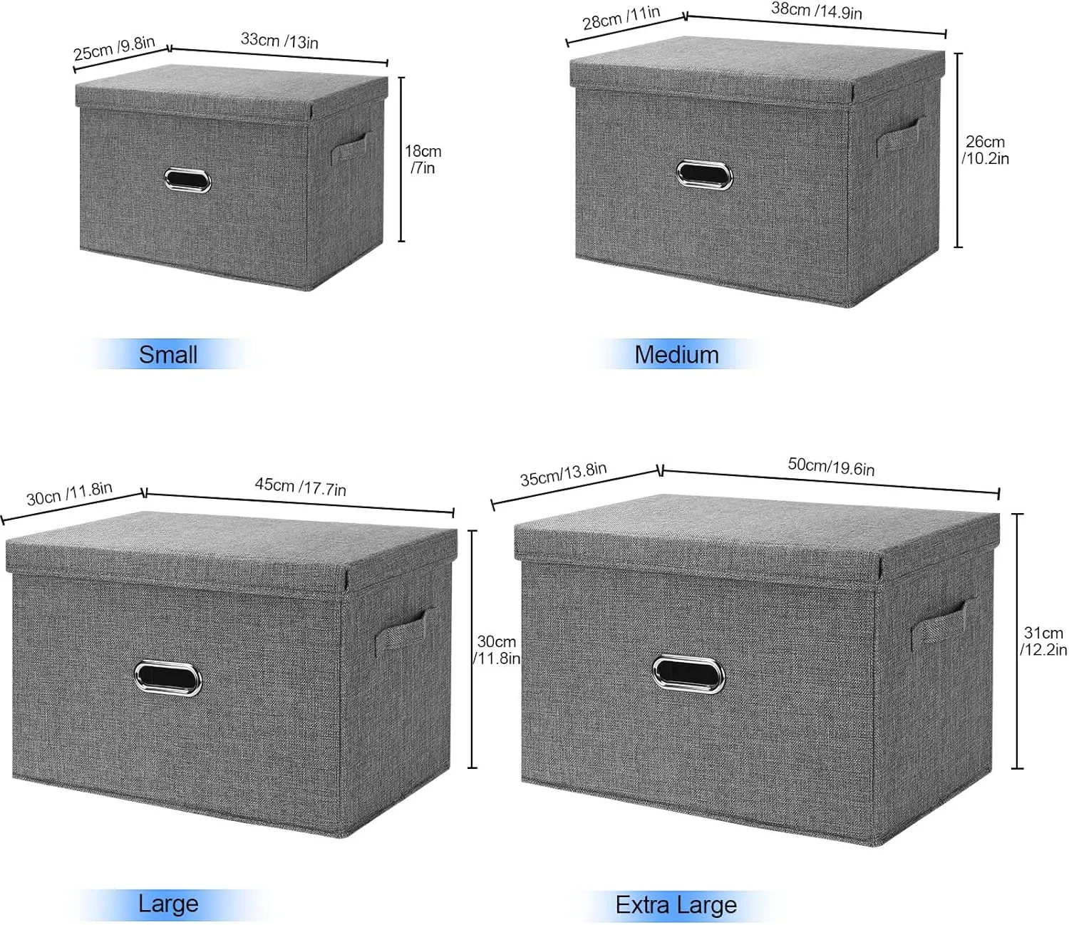 Large Linen Fabric Foldable Storage Bins with Removable Lid and Handles, Washable Storage Box Organizer Containers Baskets Cube with Cover for Bedroom,Closet,Nursery (Grey, Large(2-Pack))