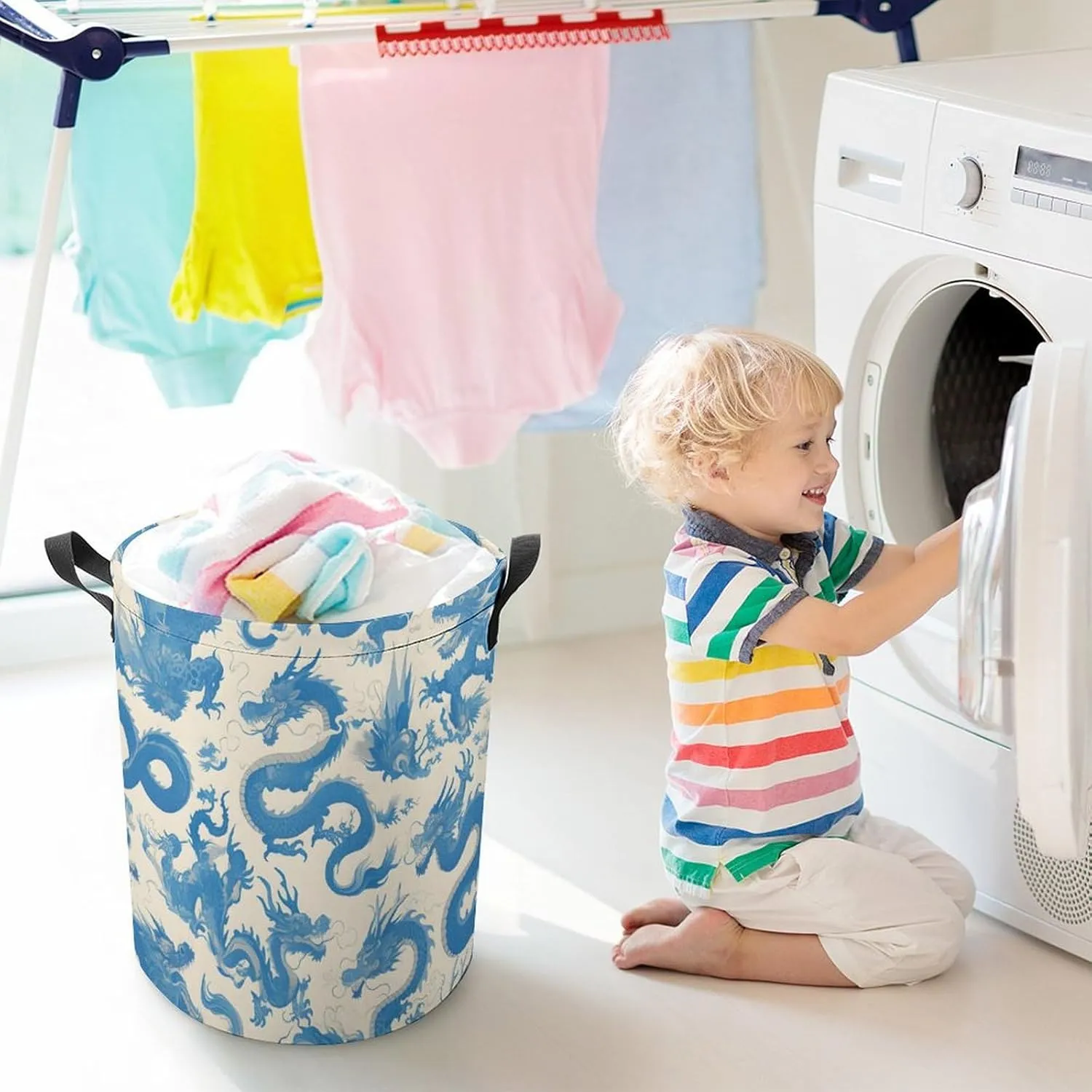 Laundry Hampers, Large Drawstring Laundry Bag, Removable Laundry Bags, Collapsible Storage Bin with Handles for Home Organization, Kids Room, Nursery Aqua