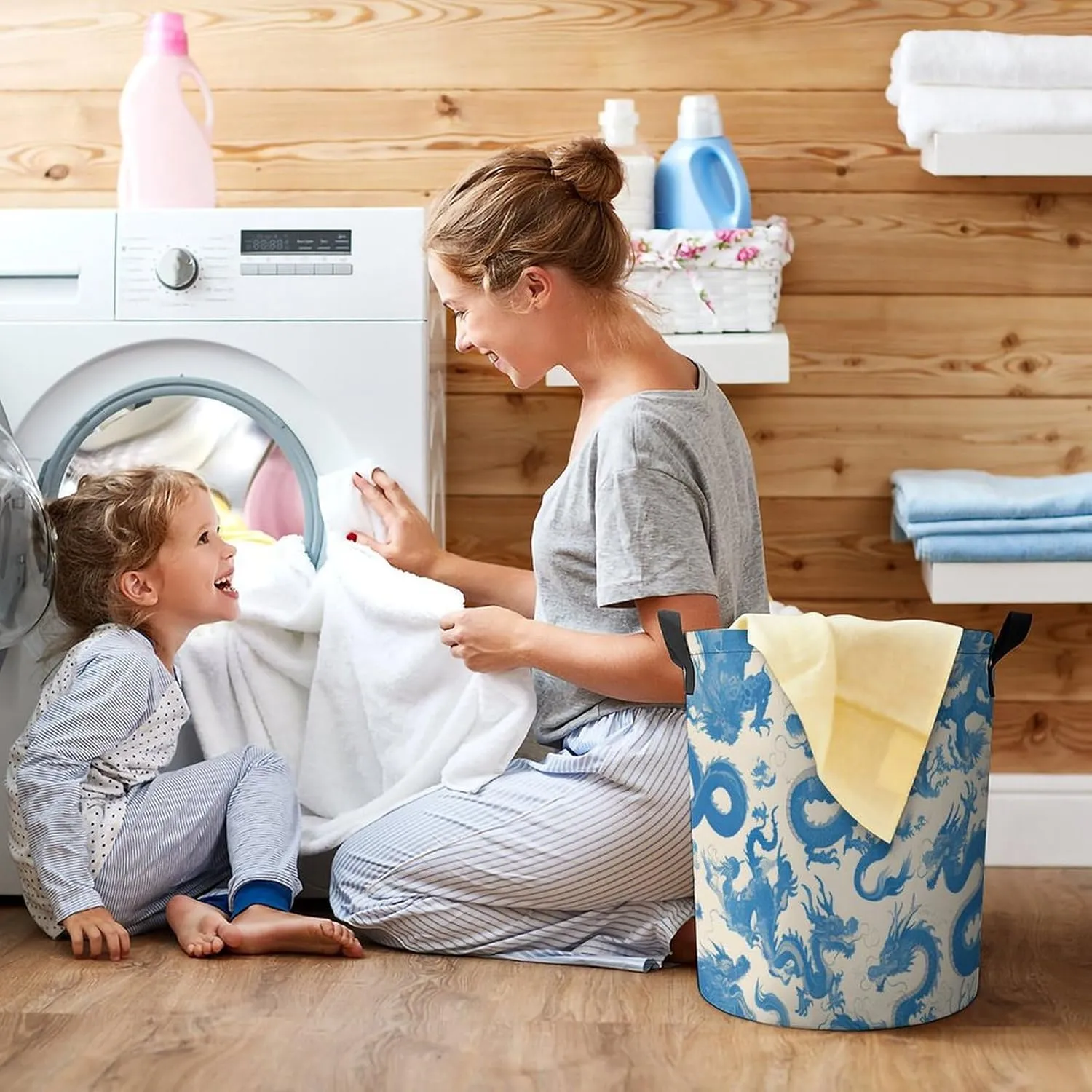 Laundry Hampers, Large Drawstring Laundry Bag, Removable Laundry Bags, Collapsible Storage Bin with Handles for Home Organization, Kids Room, Nursery Aqua