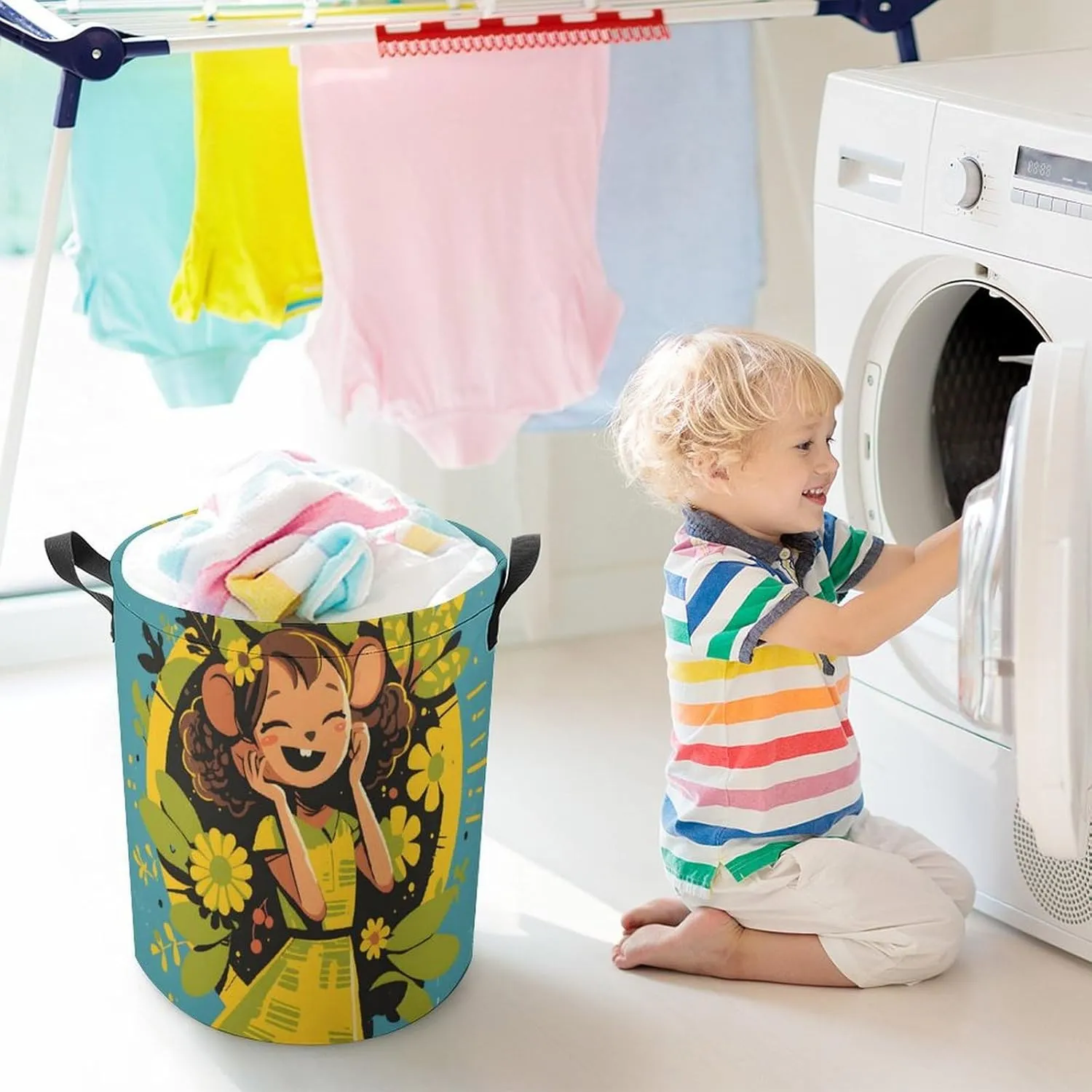 Laundry Hampers, Large Drawstring Laundry Bag, Removable Laundry Bags, Collapsible Storage Bin with Handles for Home Organization, Kids Room, Nursery Art