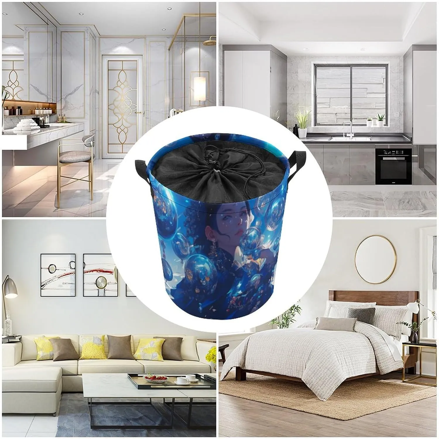 Laundry Hampers, Large Drawstring Laundry Bag, Removable Laundry Bags, Collapsible Storage Bin with Handles for Home Organization, Kids Room, Nursery Art