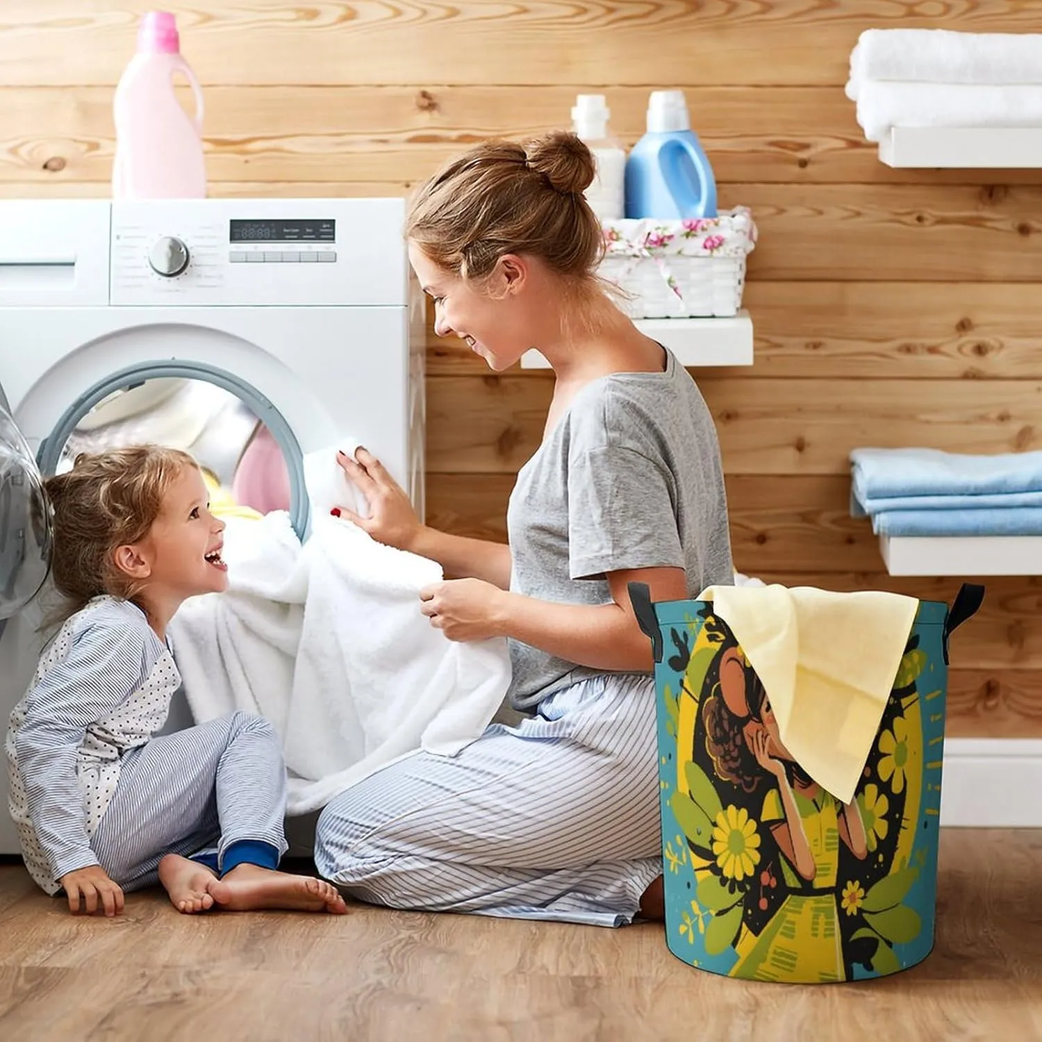 Laundry Hampers, Large Drawstring Laundry Bag, Removable Laundry Bags, Collapsible Storage Bin with Handles for Home Organization, Kids Room, Nursery Art