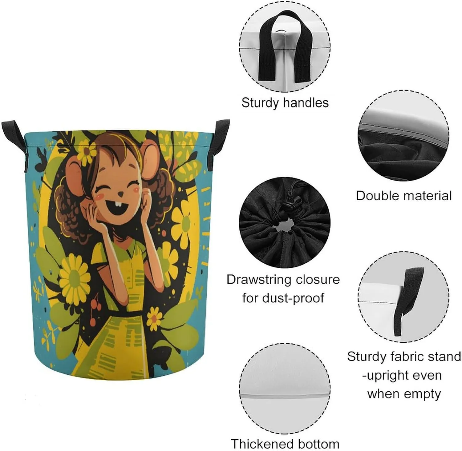 Laundry Hampers, Large Drawstring Laundry Bag, Removable Laundry Bags, Collapsible Storage Bin with Handles for Home Organization, Kids Room, Nursery Art