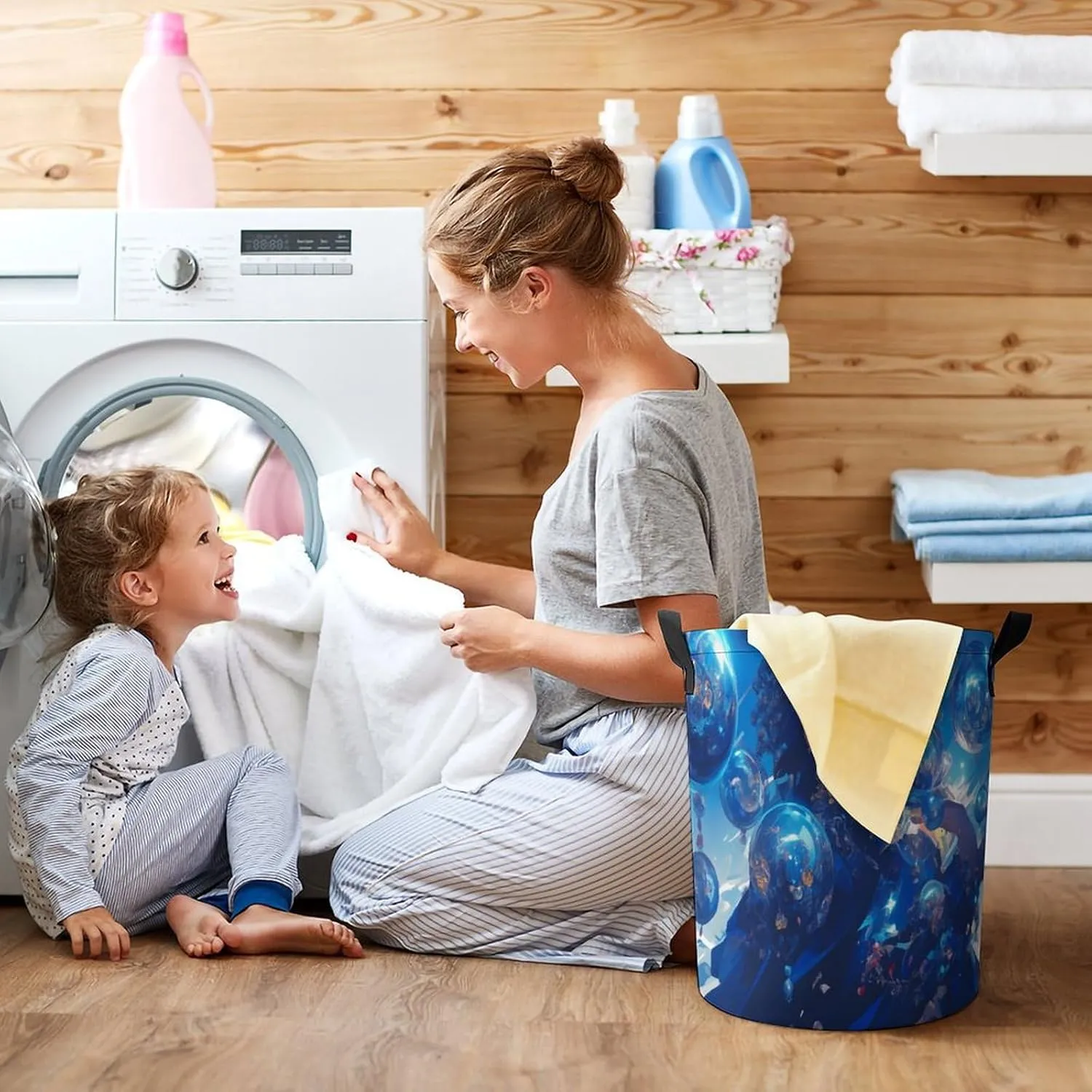 Laundry Hampers, Large Drawstring Laundry Bag, Removable Laundry Bags, Collapsible Storage Bin with Handles for Home Organization, Kids Room, Nursery Art