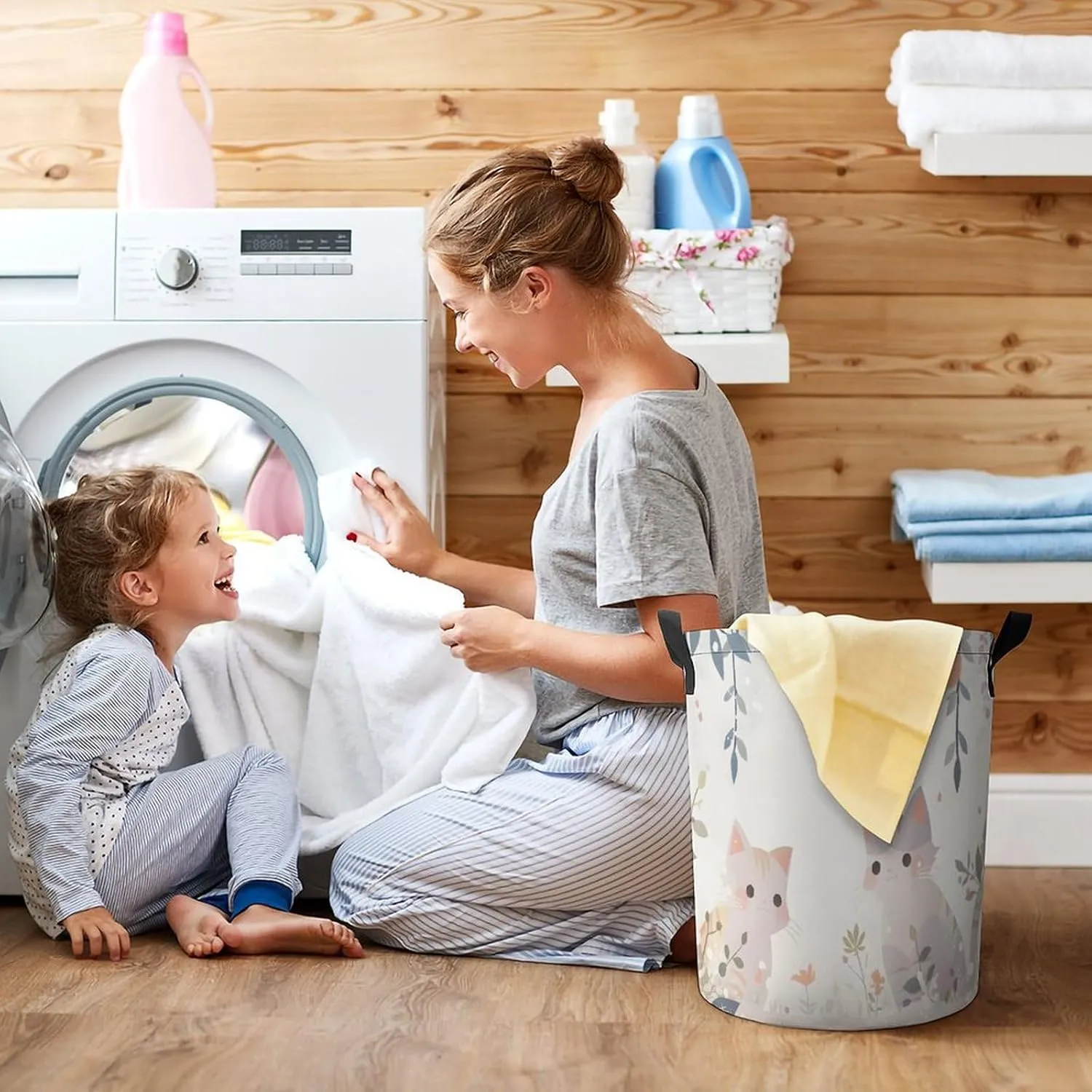 Laundry Hampers, Large Drawstring Laundry Bag, Removable Laundry Bags, Collapsible Storage Bin with Handles for Home Organization, Kids Room, Nursery Art