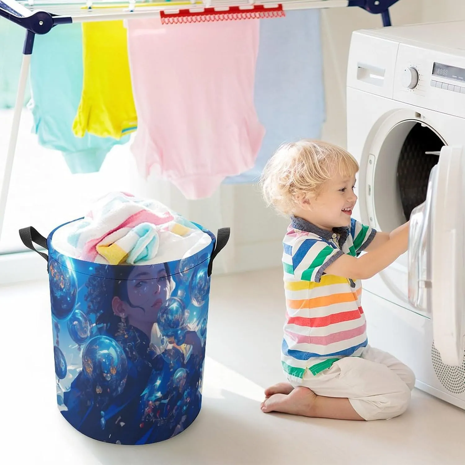Laundry Hampers, Large Drawstring Laundry Bag, Removable Laundry Bags, Collapsible Storage Bin with Handles for Home Organization, Kids Room, Nursery Art