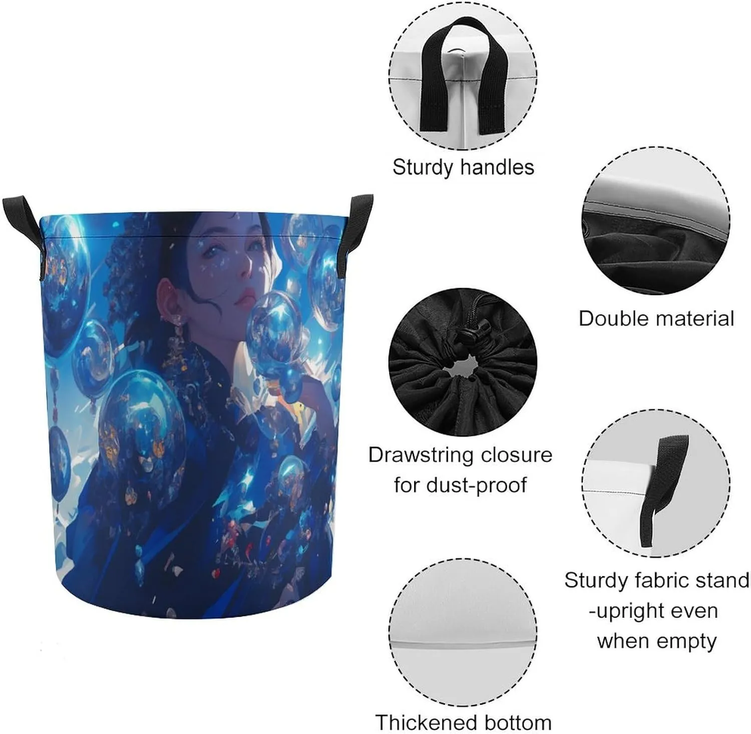 Laundry Hampers, Large Drawstring Laundry Bag, Removable Laundry Bags, Collapsible Storage Bin with Handles for Home Organization, Kids Room, Nursery Art