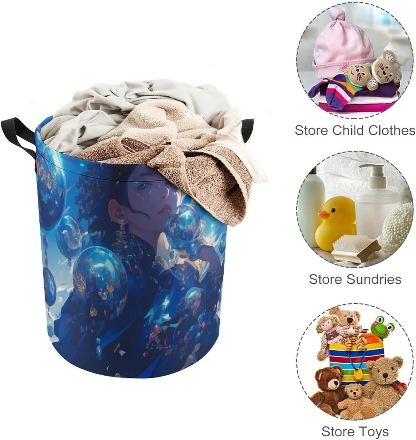 Laundry Hampers, Large Drawstring Laundry Bag, Removable Laundry Bags, Collapsible Storage Bin with Handles for Home Organization, Kids Room, Nursery Art