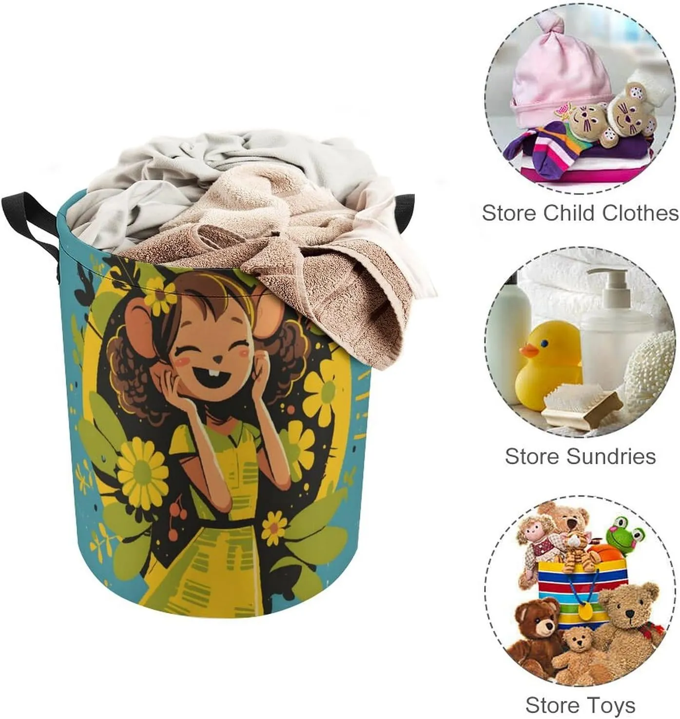 Laundry Hampers, Large Drawstring Laundry Bag, Removable Laundry Bags, Collapsible Storage Bin with Handles for Home Organization, Kids Room, Nursery Art