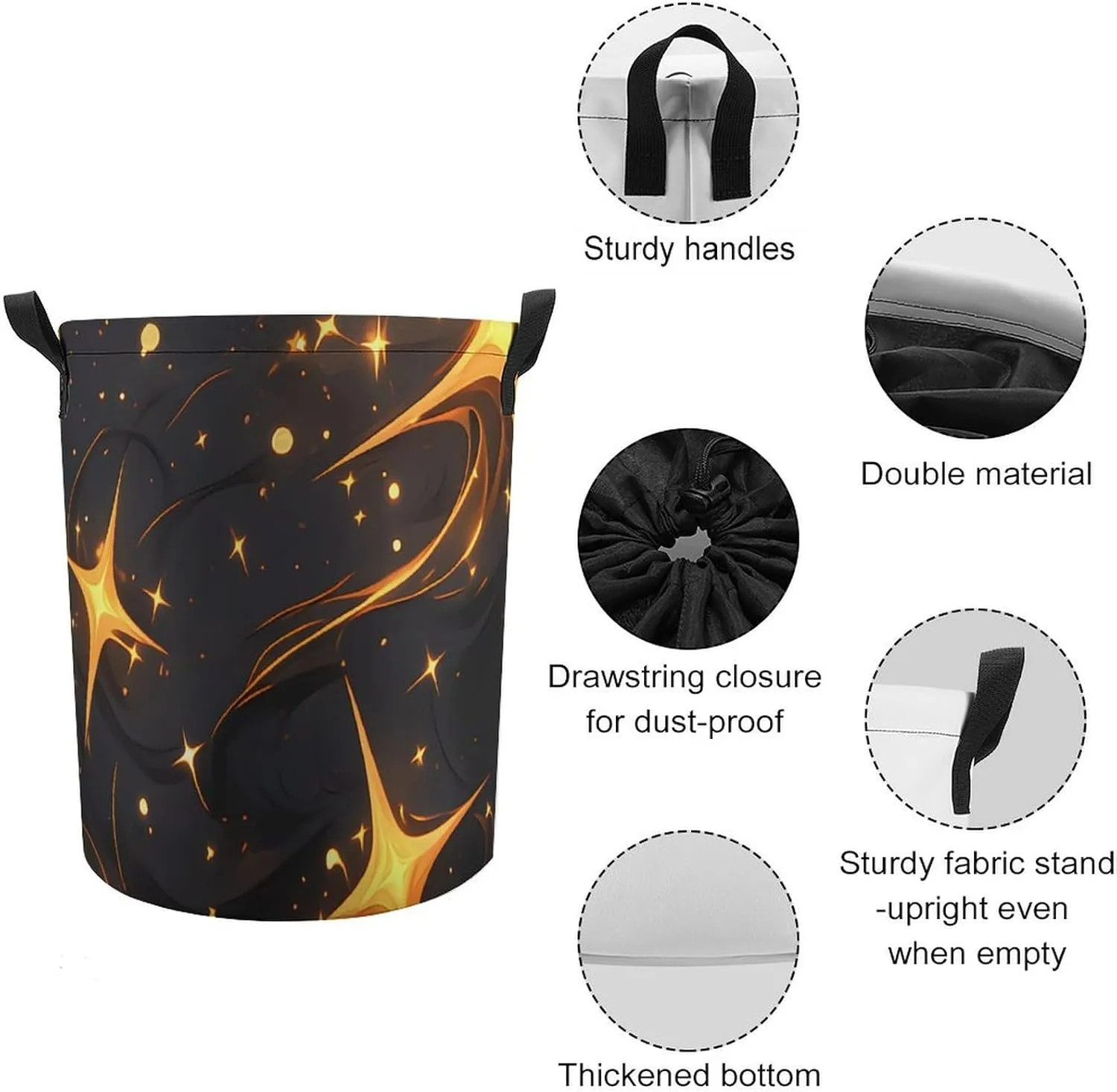 Laundry Hampers, Large Drawstring Laundry Bag, Removable Laundry Bags, Collapsible Storage Bin with Handles for Home Organization, Kids Room, Nursery Black