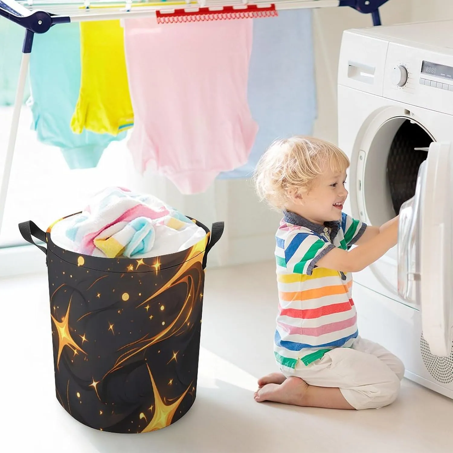 Laundry Hampers, Large Drawstring Laundry Bag, Removable Laundry Bags, Collapsible Storage Bin with Handles for Home Organization, Kids Room, Nursery Black