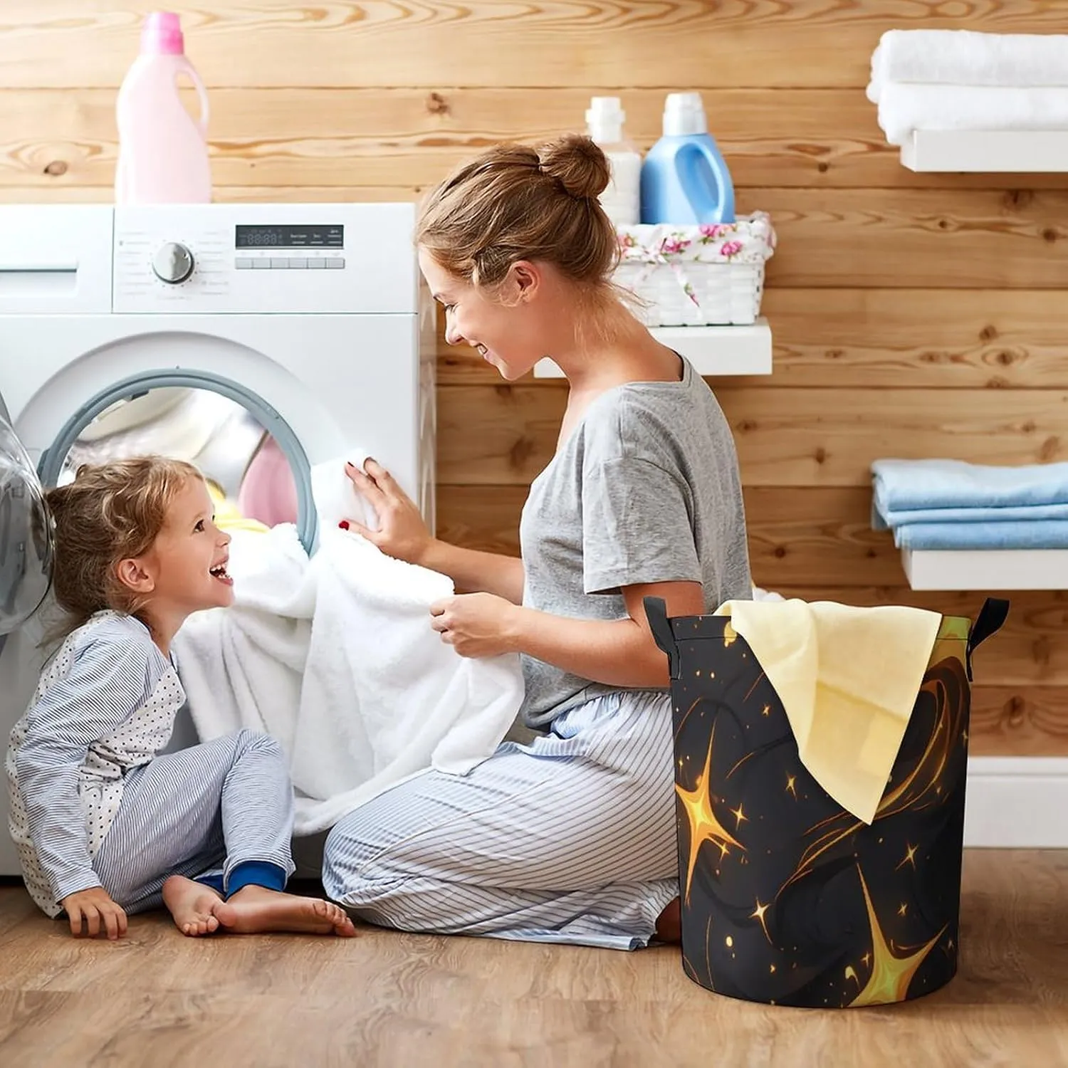 Laundry Hampers, Large Drawstring Laundry Bag, Removable Laundry Bags, Collapsible Storage Bin with Handles for Home Organization, Kids Room, Nursery Black