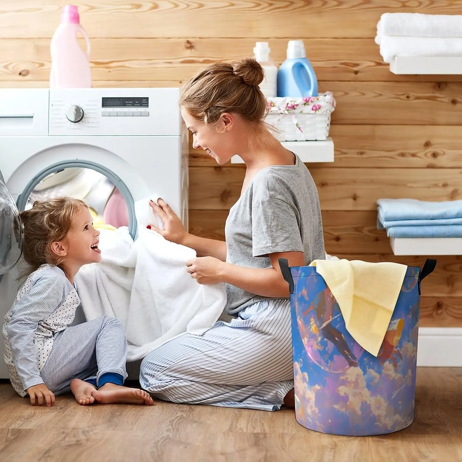 Laundry Hampers, Large Drawstring Laundry Bag, Removable Laundry Bags, Collapsible Storage Bin with Handles for Home Organization, Kids Room, Nursery Font