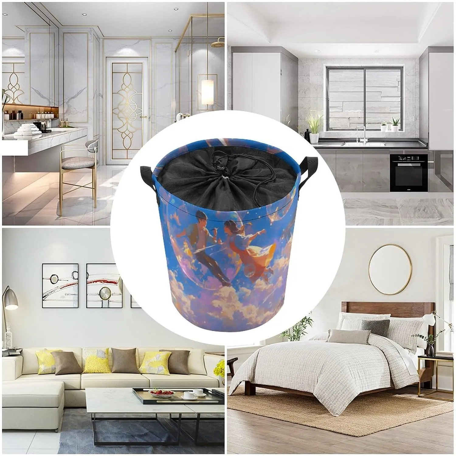 Laundry Hampers, Large Drawstring Laundry Bag, Removable Laundry Bags, Collapsible Storage Bin with Handles for Home Organization, Kids Room, Nursery Font