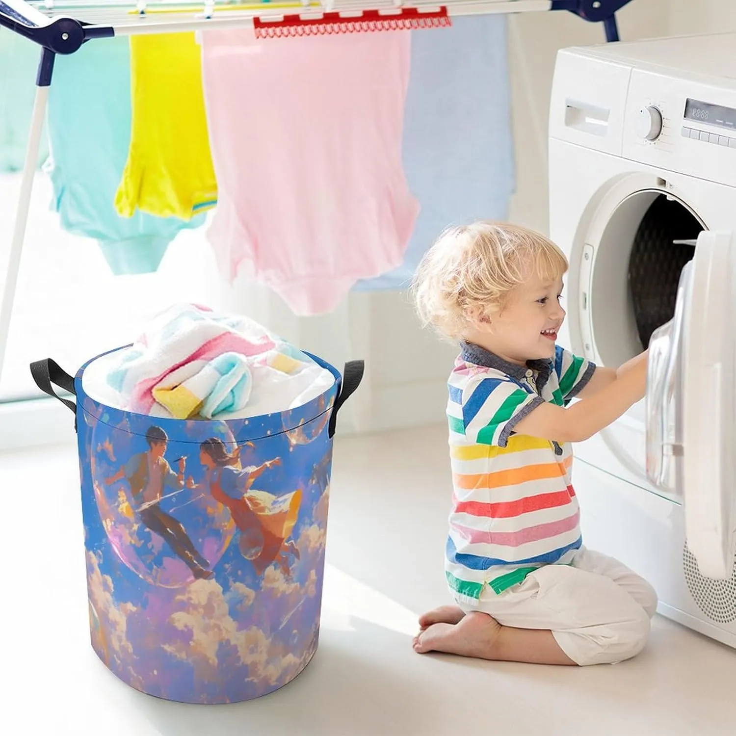 Laundry Hampers, Large Drawstring Laundry Bag, Removable Laundry Bags, Collapsible Storage Bin with Handles for Home Organization, Kids Room, Nursery Font
