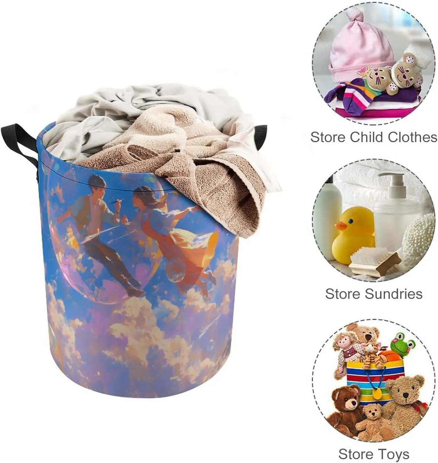 Laundry Hampers, Large Drawstring Laundry Bag, Removable Laundry Bags, Collapsible Storage Bin with Handles for Home Organization, Kids Room, Nursery Font
