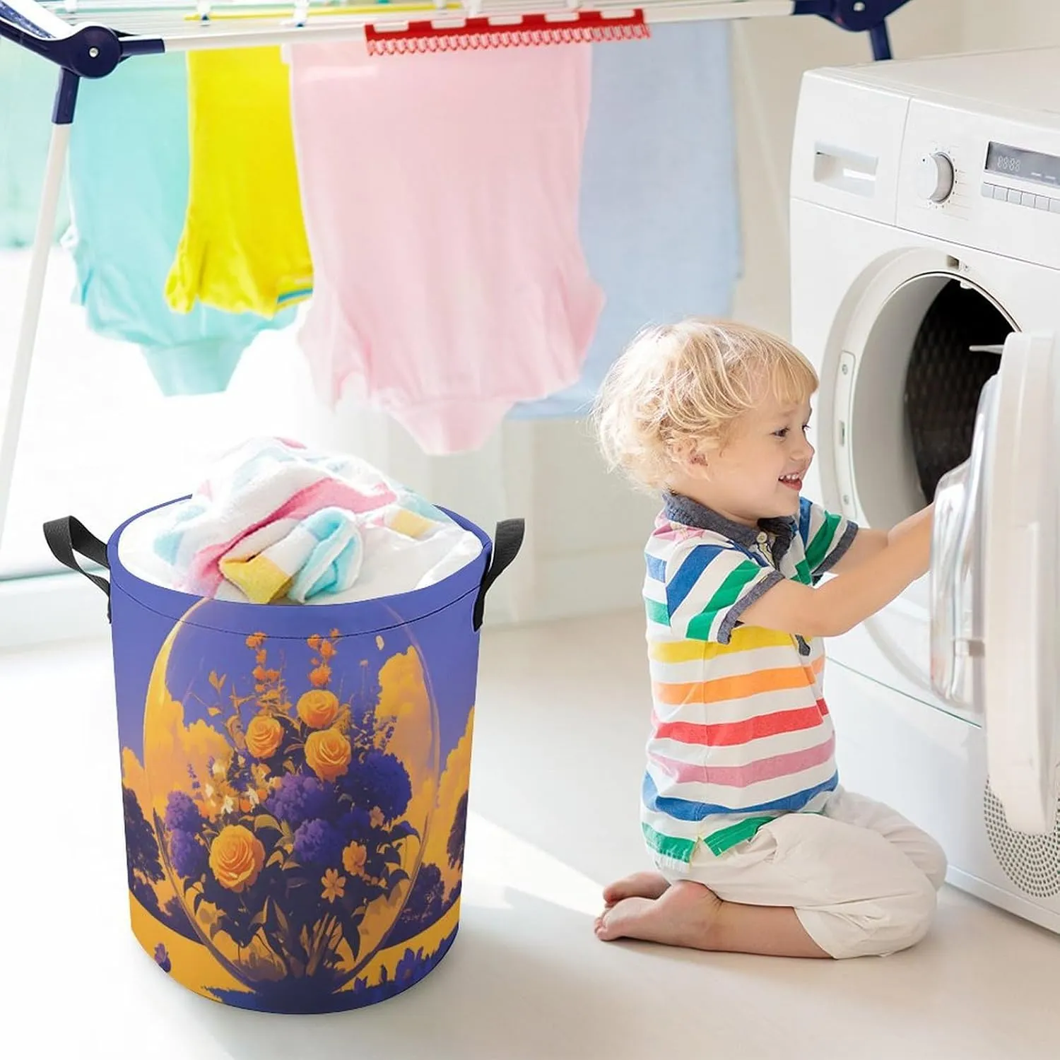 Laundry Hampers, Large Drawstring Laundry Bag, Removable Laundry Bags, Collapsible Storage Bin with Handles for Home Organization, Kids Room, Nursery Font