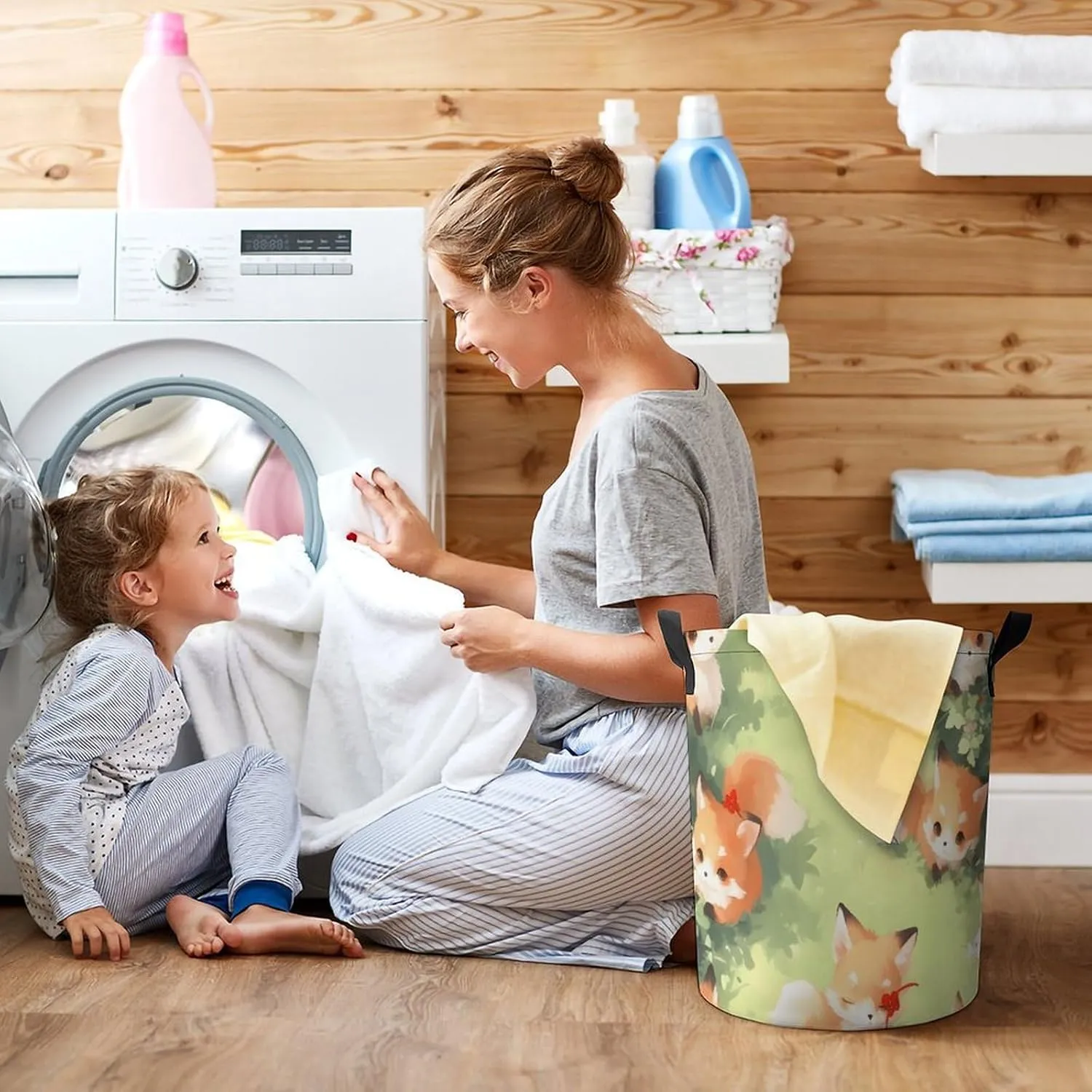 Laundry Hampers, Large Drawstring Laundry Bag, Removable Laundry Bags, Collapsible Storage Bin with Handles for Home Organization, Kids Room, Nursery Grass