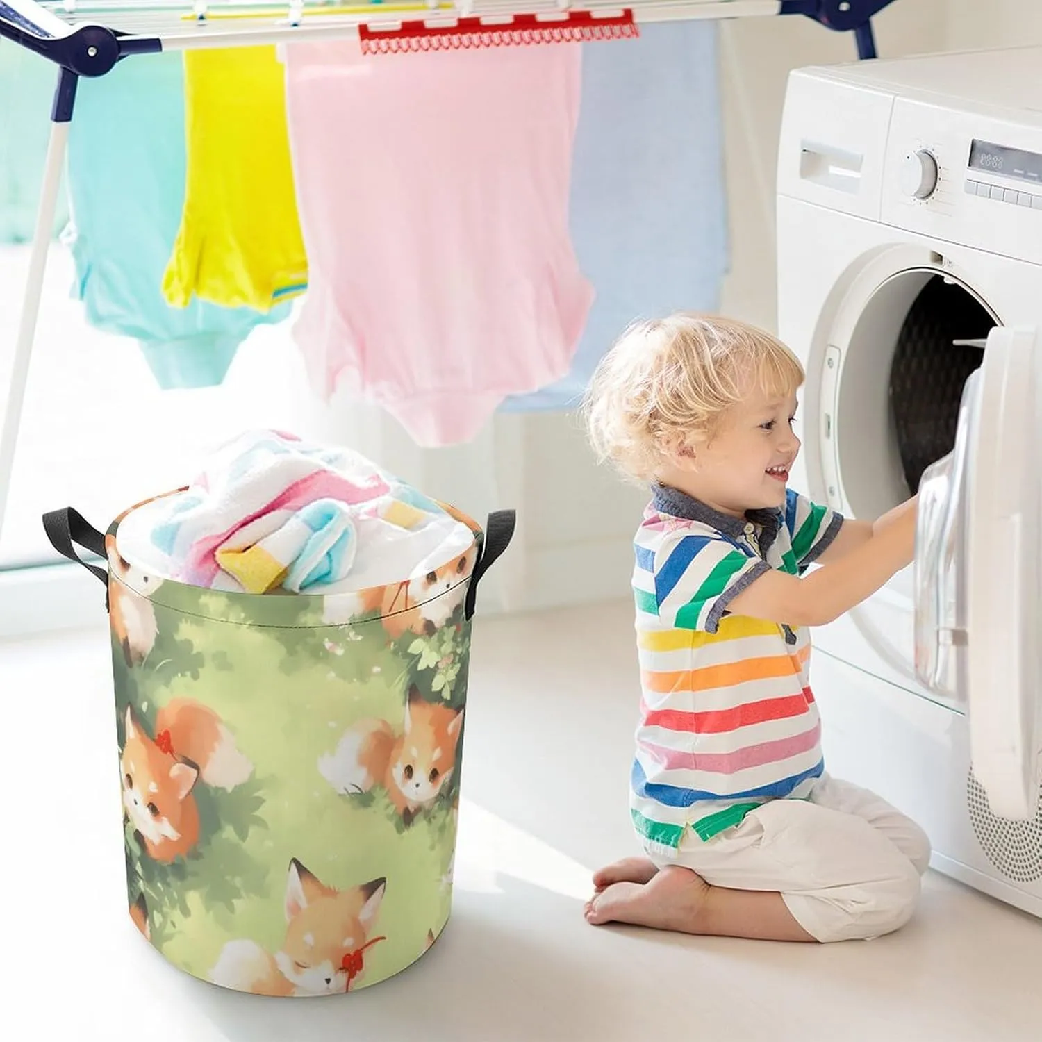 Laundry Hampers, Large Drawstring Laundry Bag, Removable Laundry Bags, Collapsible Storage Bin with Handles for Home Organization, Kids Room, Nursery Grass