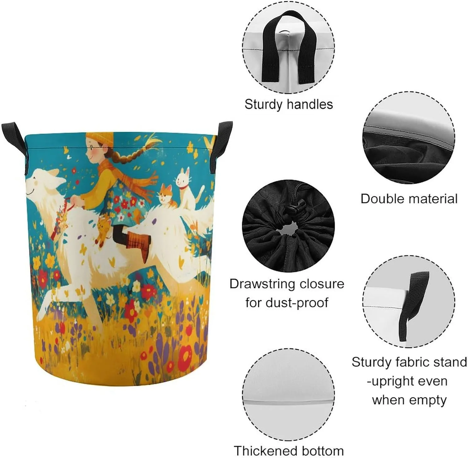 Laundry Hampers, Large Drawstring Laundry Bag, Removable Laundry Bags, Collapsible Storage Bin with Handles for Home Organization, Kids Room, Nursery Illustration