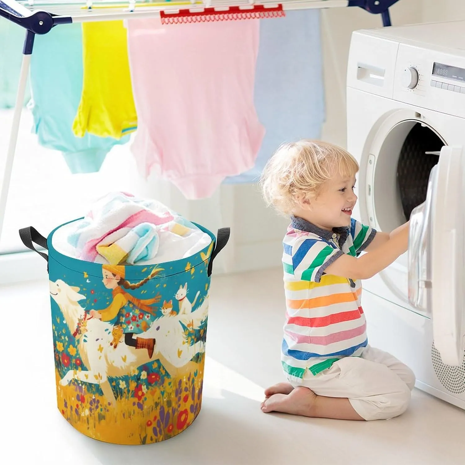 Laundry Hampers, Large Drawstring Laundry Bag, Removable Laundry Bags, Collapsible Storage Bin with Handles for Home Organization, Kids Room, Nursery Illustration