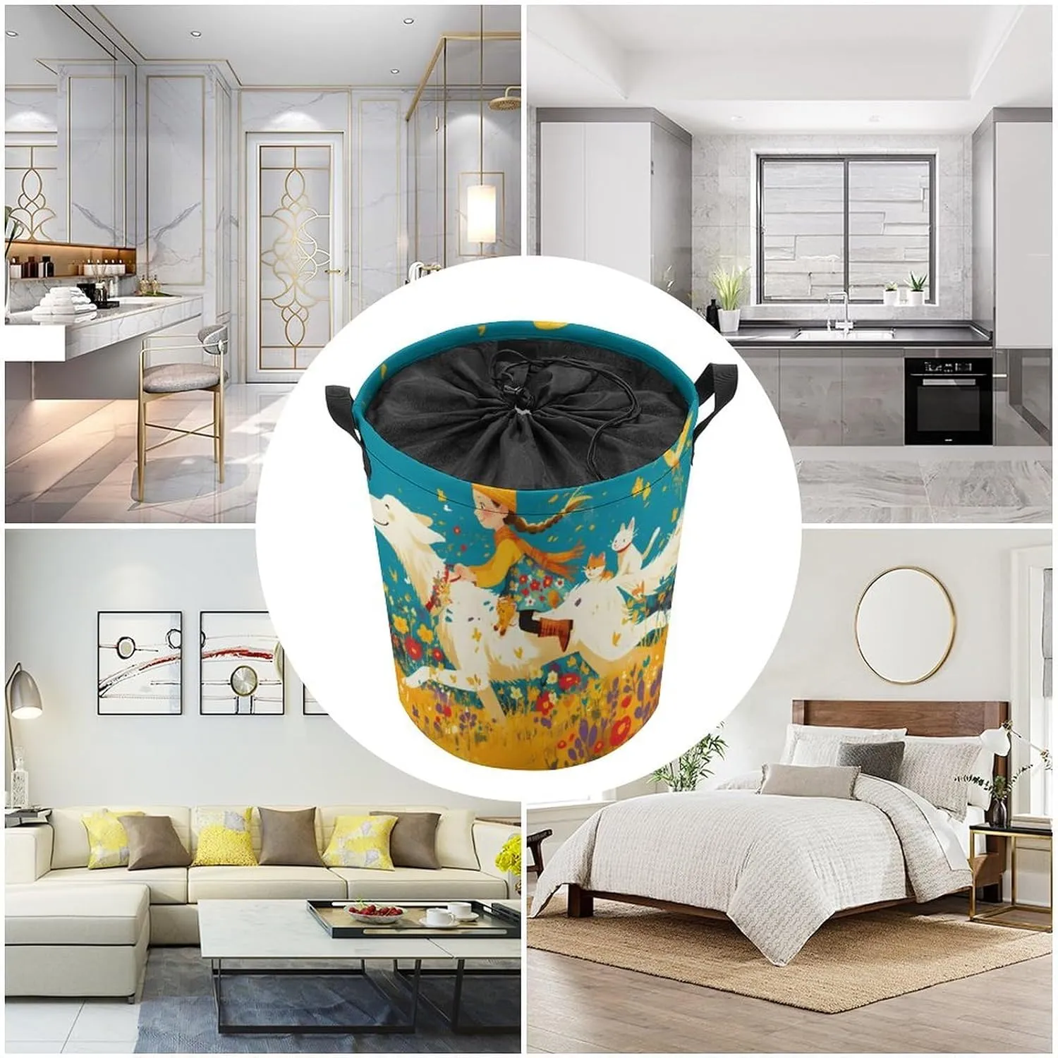 Laundry Hampers, Large Drawstring Laundry Bag, Removable Laundry Bags, Collapsible Storage Bin with Handles for Home Organization, Kids Room, Nursery Illustration